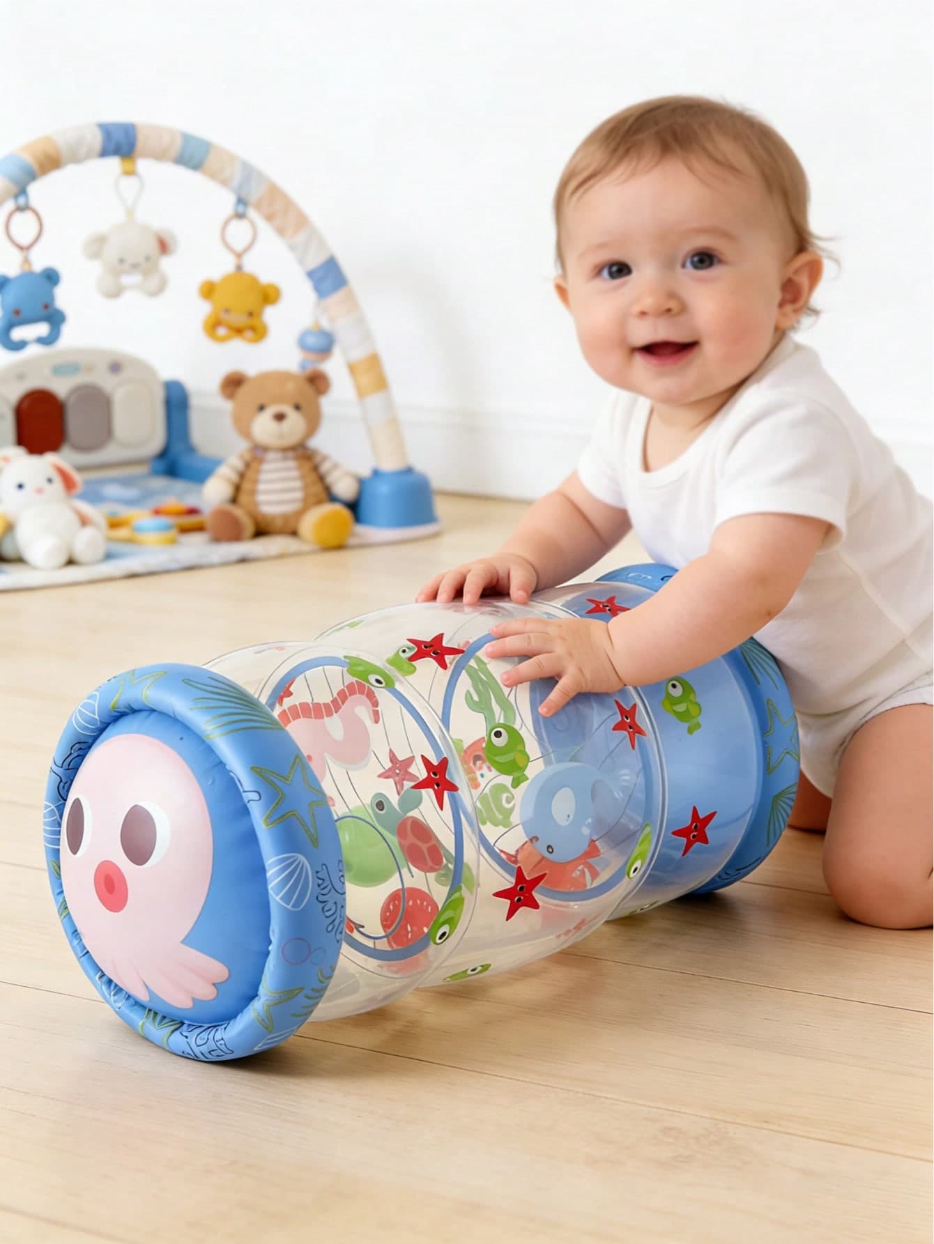 Infant Crawling Toy Encourages Crawling, Green, Blue, Early Development Baby Activity With Rattle And Rolling Ball, Built-In Bell Fun Cute Animal Style Helps Develop Motor Skills, 6 Months, 1 2 3 Years Old Children Birthday Gift