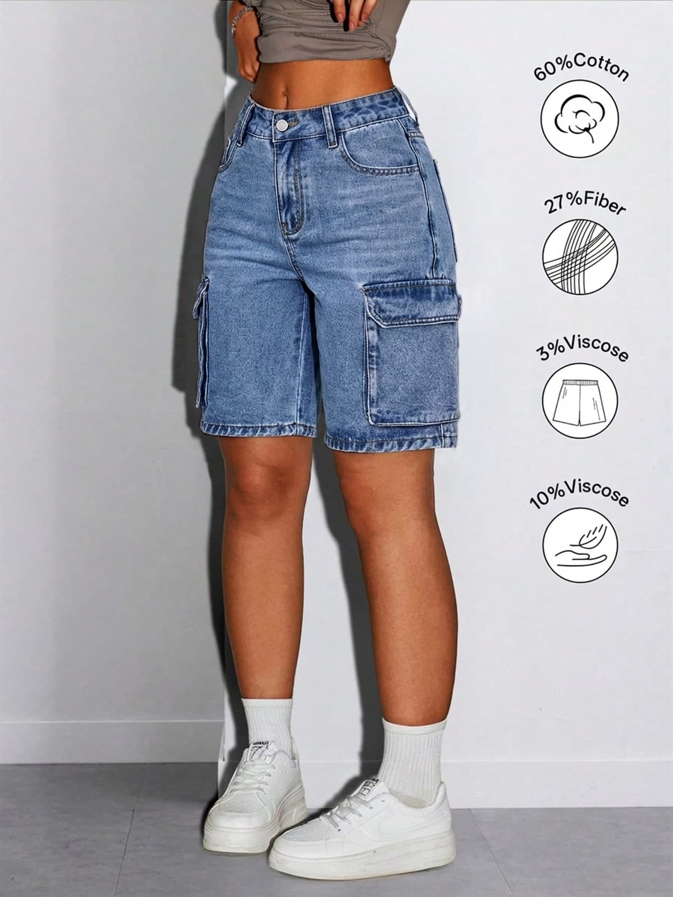 Women's Summer Khaki Denim Shorts, With Side Pockets And Flap Pockets, Vintage Street Style, Straight Leg Design, Elegant Daily Wear Casual