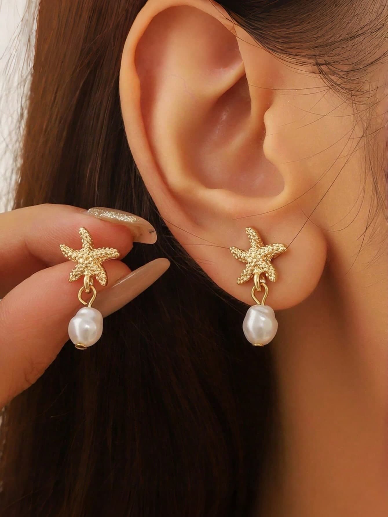 1 Pair European And American Summer New Metallic Starfish & Faux Pearl Tassel Women Earrings, Suitable For Ladies Vacation Wear (No Card)
