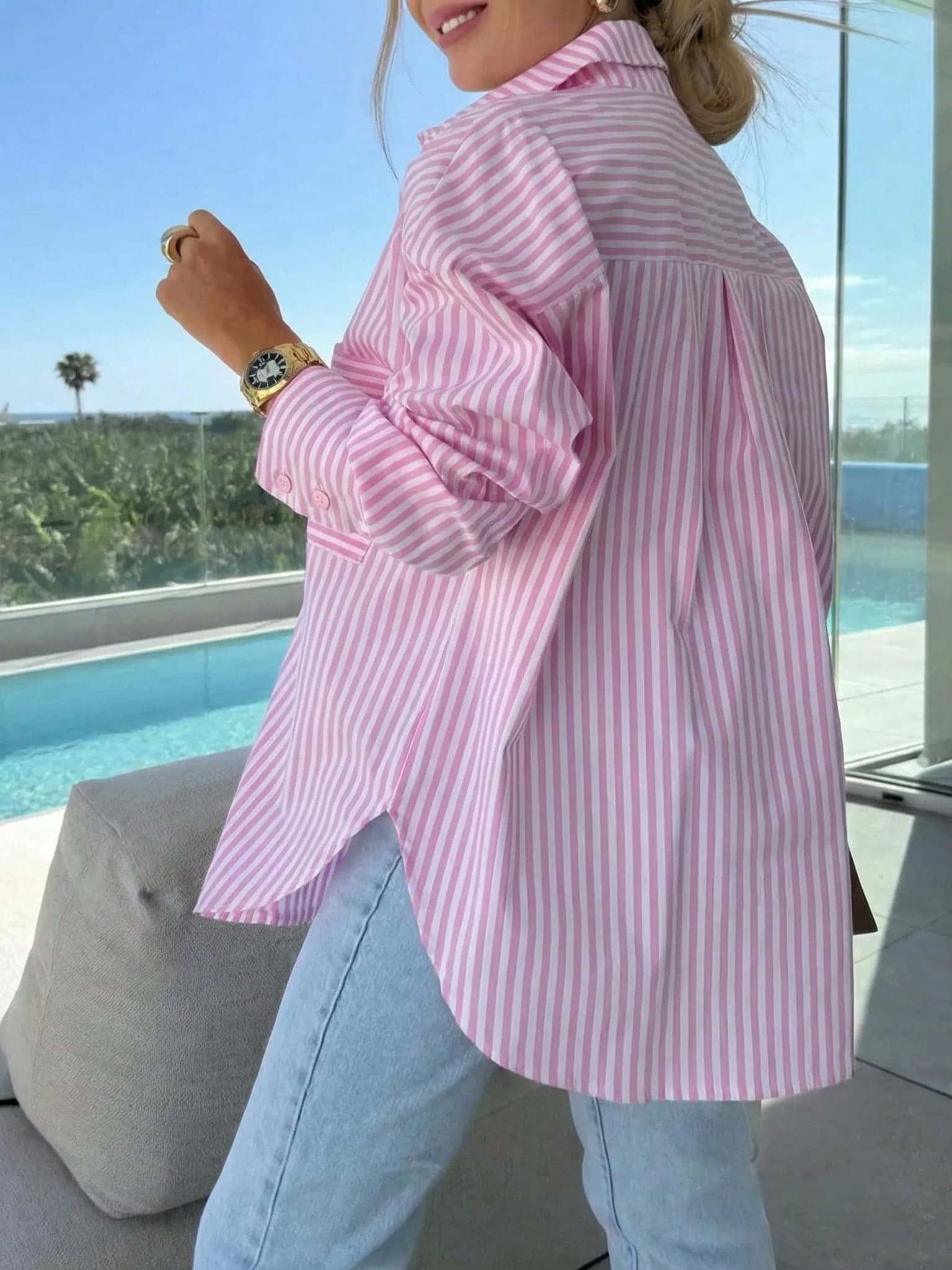 Plus Size Women's Plus Size Long Sleeve Striped Shirt, Casual Loose Fit For Spring/Summer Commute And Daily Wear Pink