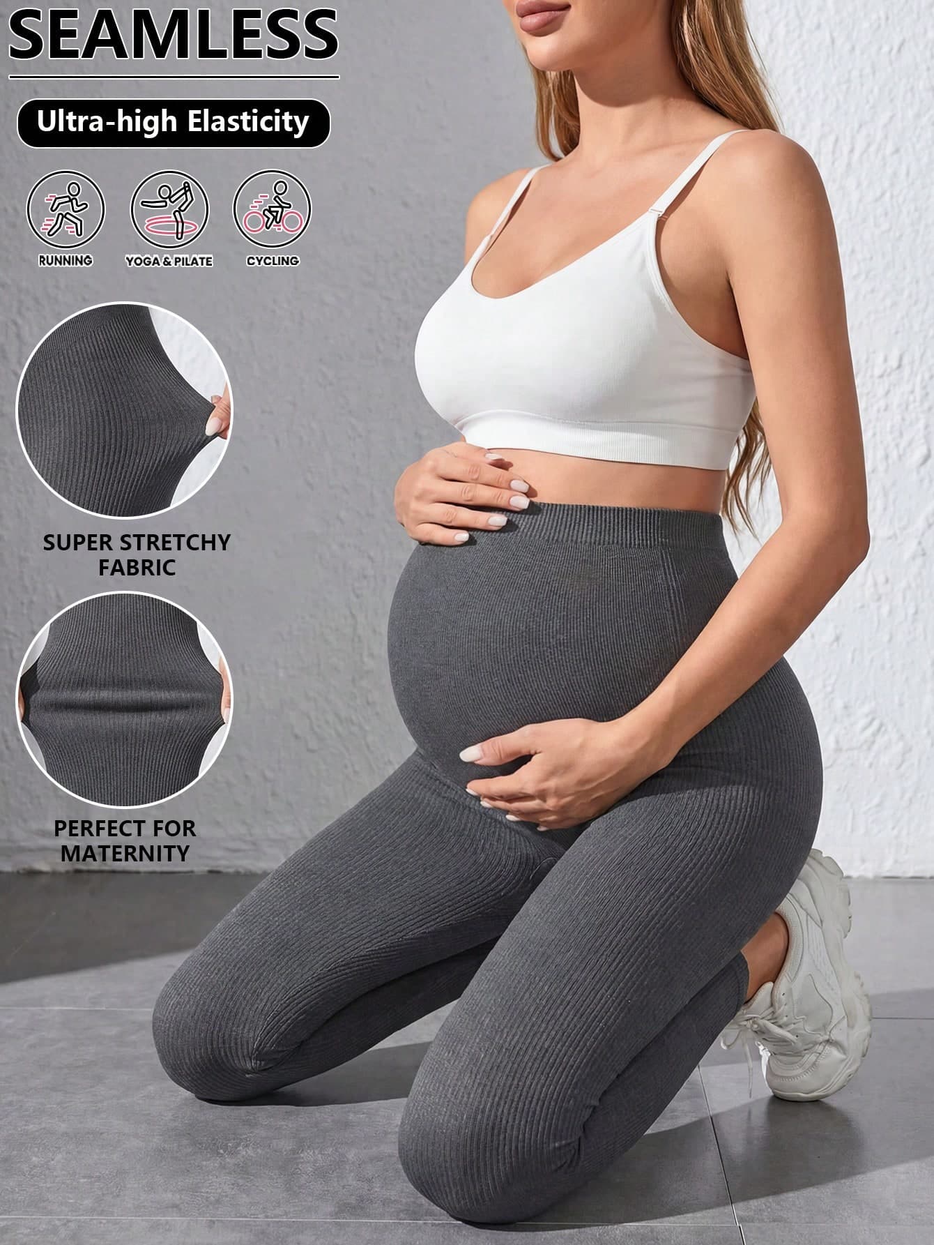 Maternity Solid Color High Waist Ribbed Slim Casual Pants Summer