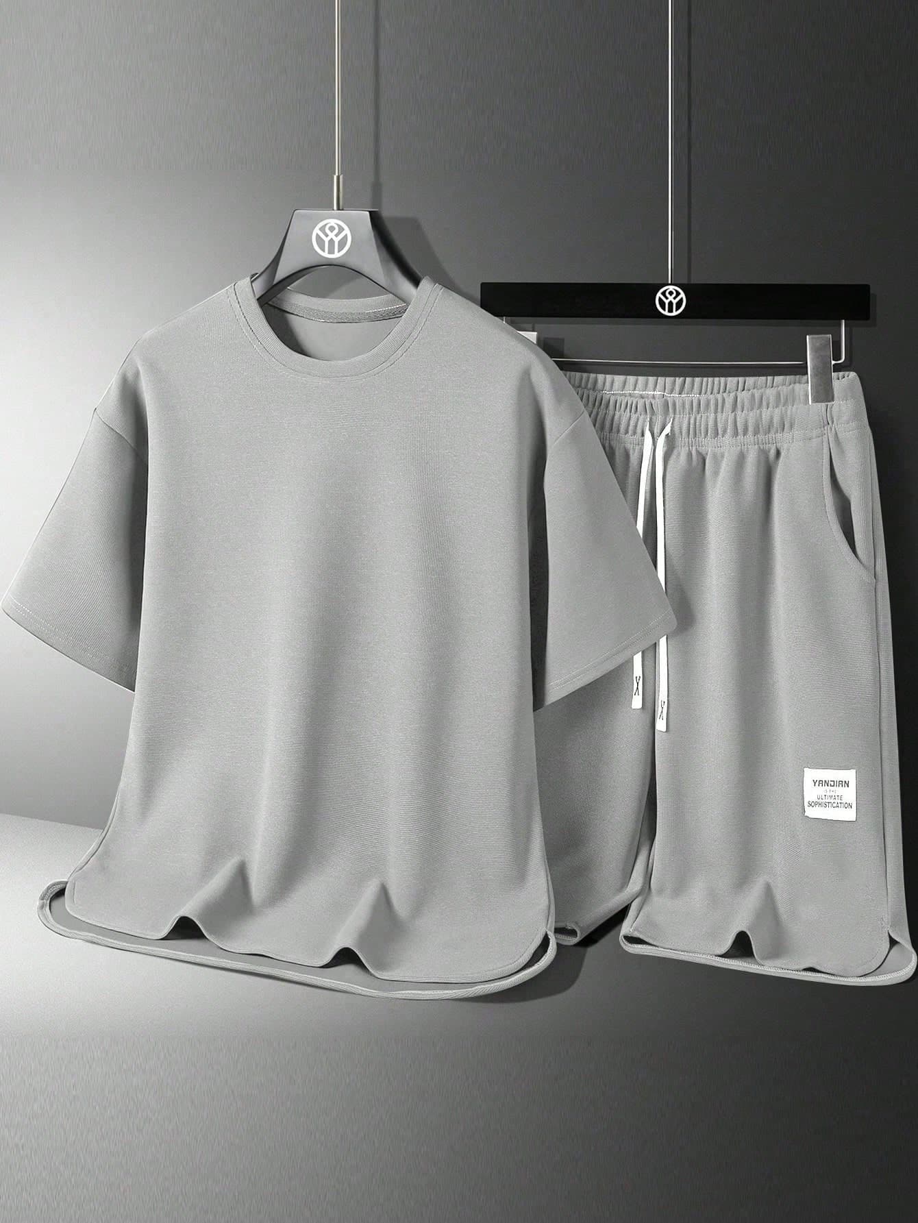 Teens' Summer Solid Color Round Neck Short Sleeve Casual T-Shirt And Letter Print Drawstring Waist Shorts Set