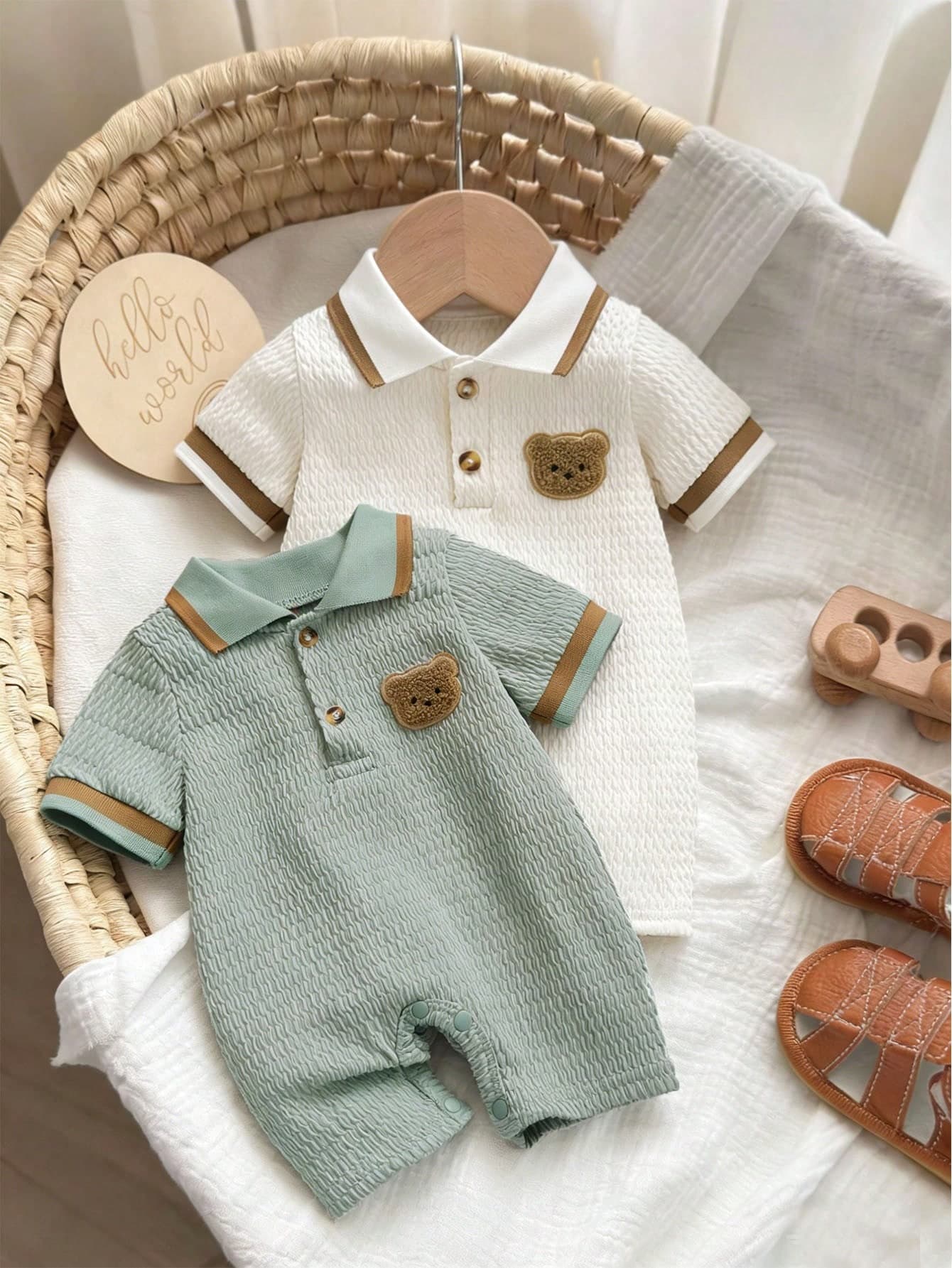 2pcs/Set Newborn Baby Boys' Summer Polo Collar Embroidered Bear Jacquard Solid Color Short Sleeve Romper