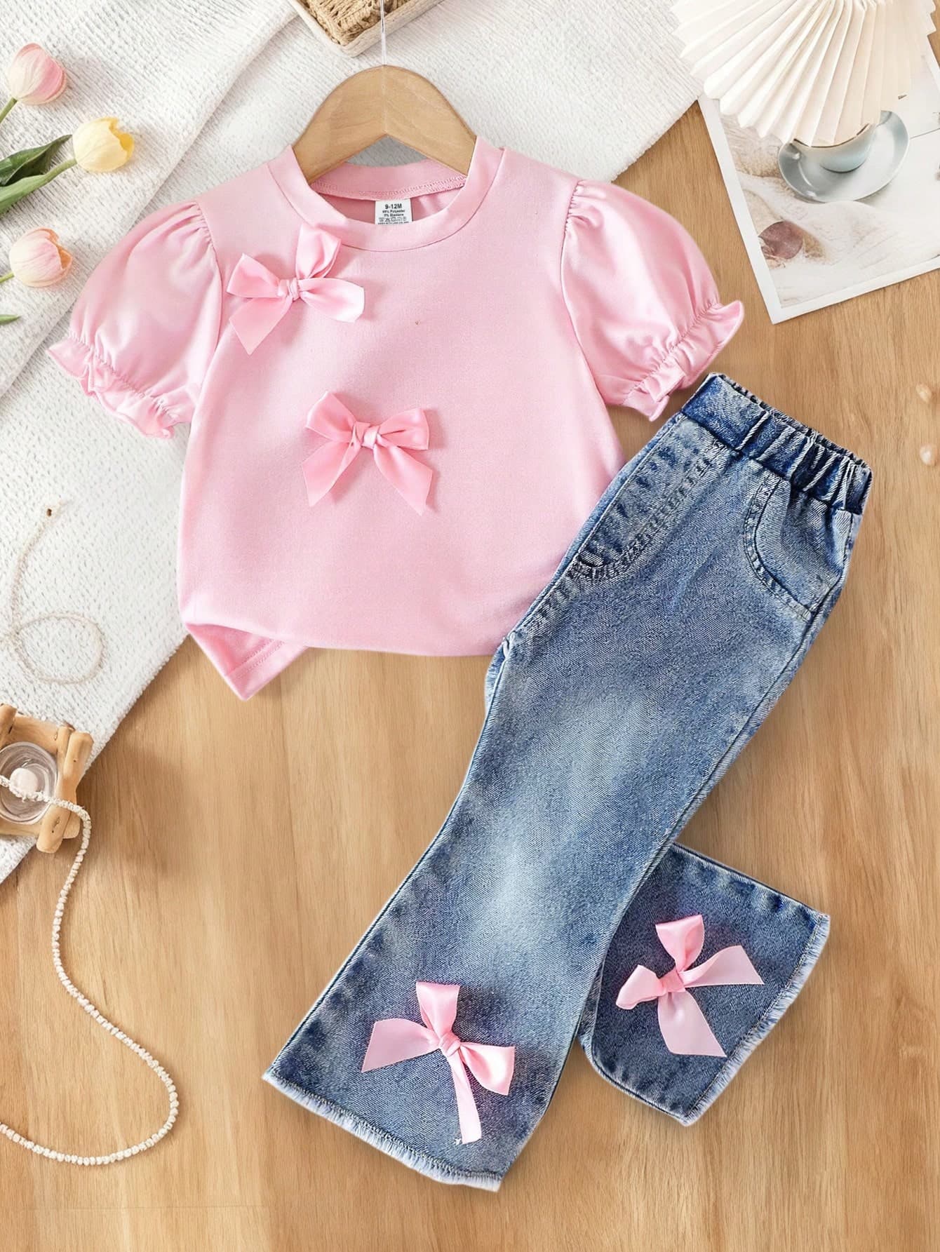 2pcs/Set - Baby Girl Fashion Cute Long Pants Outfit Summer Wear, Baby Girl 3D Bow Puff Sleeve Short Sleeve T-Shirt + Flared Pants