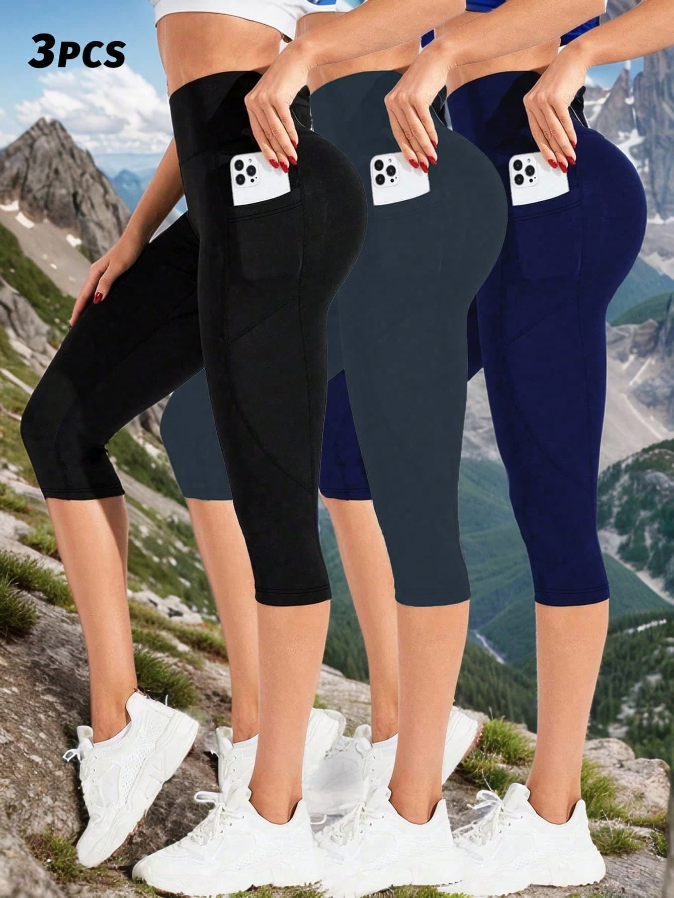 3 Packs - Women's High Waist Yoga Pants With Pockets, Tummy Control Workout Leggings, Soft Stretchy Capri Pants, Suitable For Running, Gym, Fitness (Best For Yoga, Running, Gym) Summer Sports