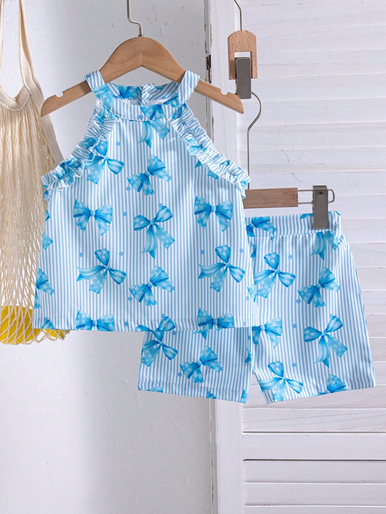 2pcs Girls Casual Bow Print Sleeveless Top With Ruffle Trim And Elastic Waist Shorts Set, Spring/Summer