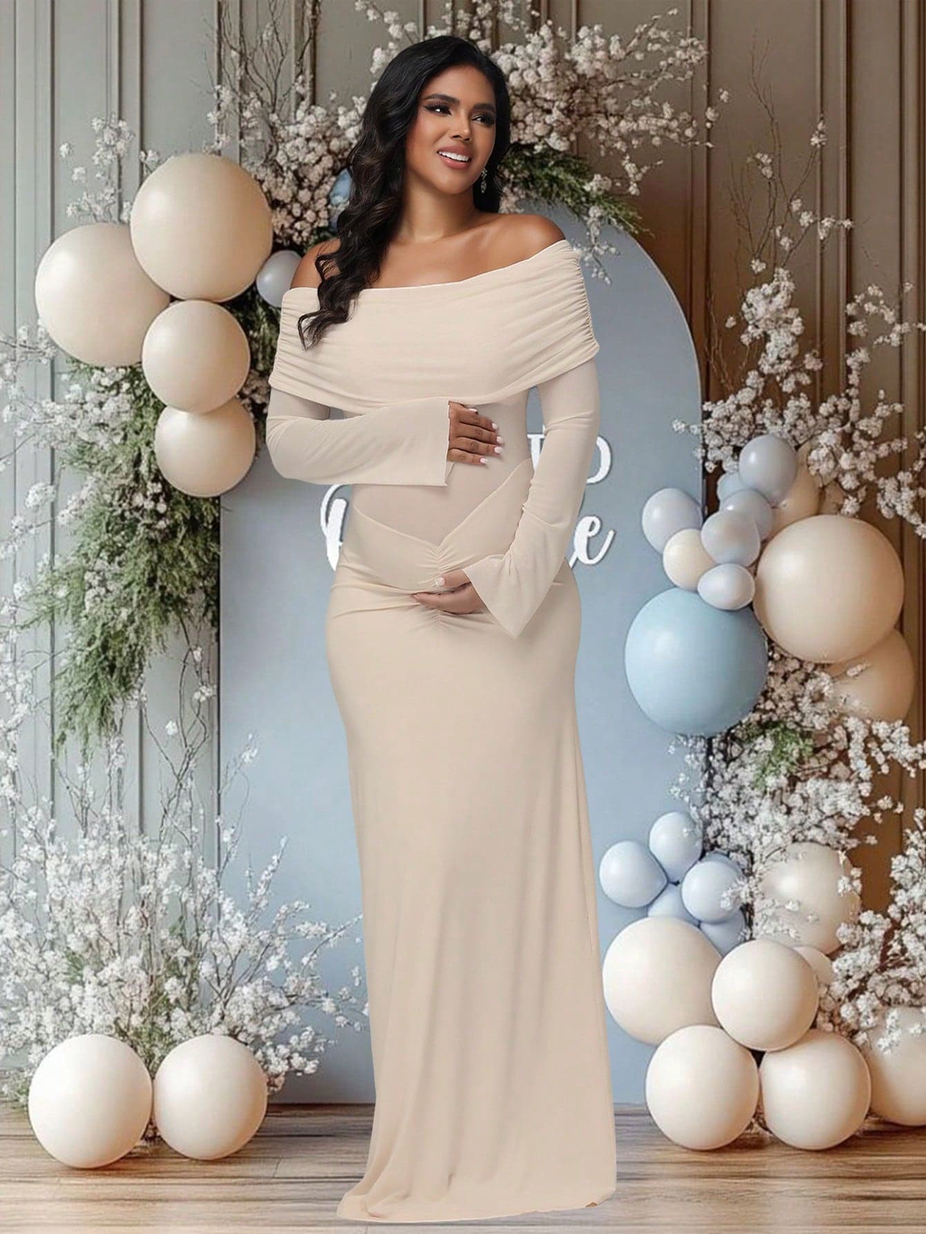 JustVH Maternity Colorblock Mesh Off-Shoulder Dress, Ruched Fishtail Hem, Suitable For Baby Shower, Elegant Stretchy Dress For Photoshoot Spring
