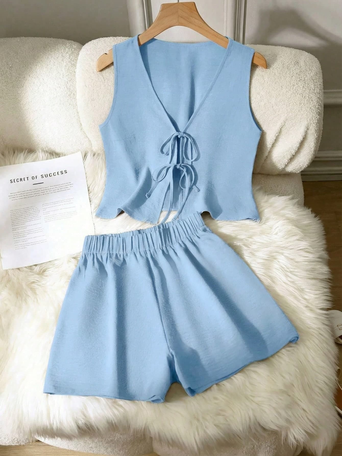 2pcs/Set Solid Color Casual Knotted Women Outfit, Spring/Summer Elegant