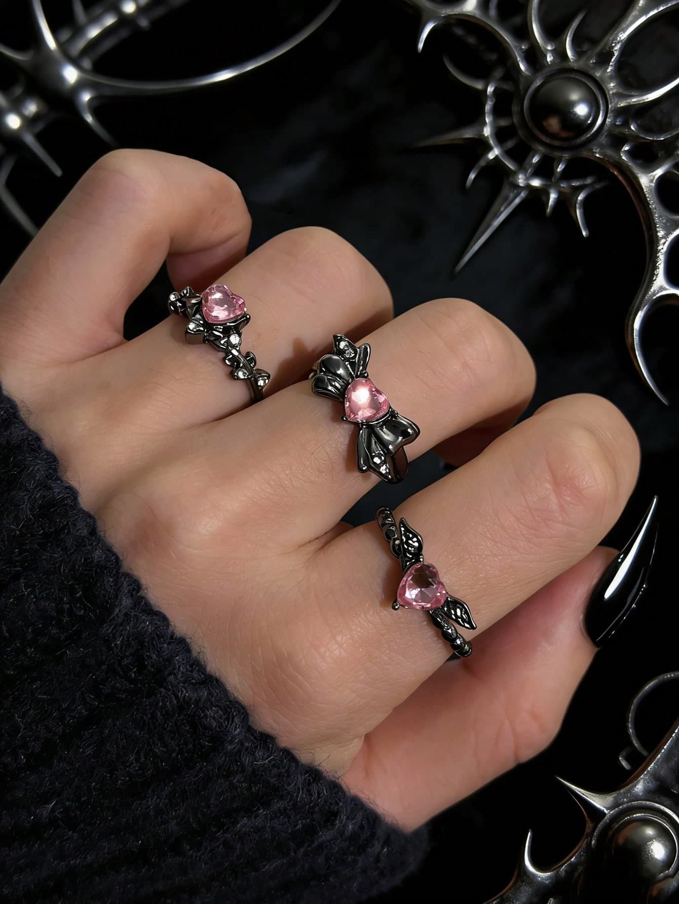 3pcs Gun, Pink, Heart Shaped Rhinestone Candy Bow Y2K Personalized Sweet Cool Girl Ring Set