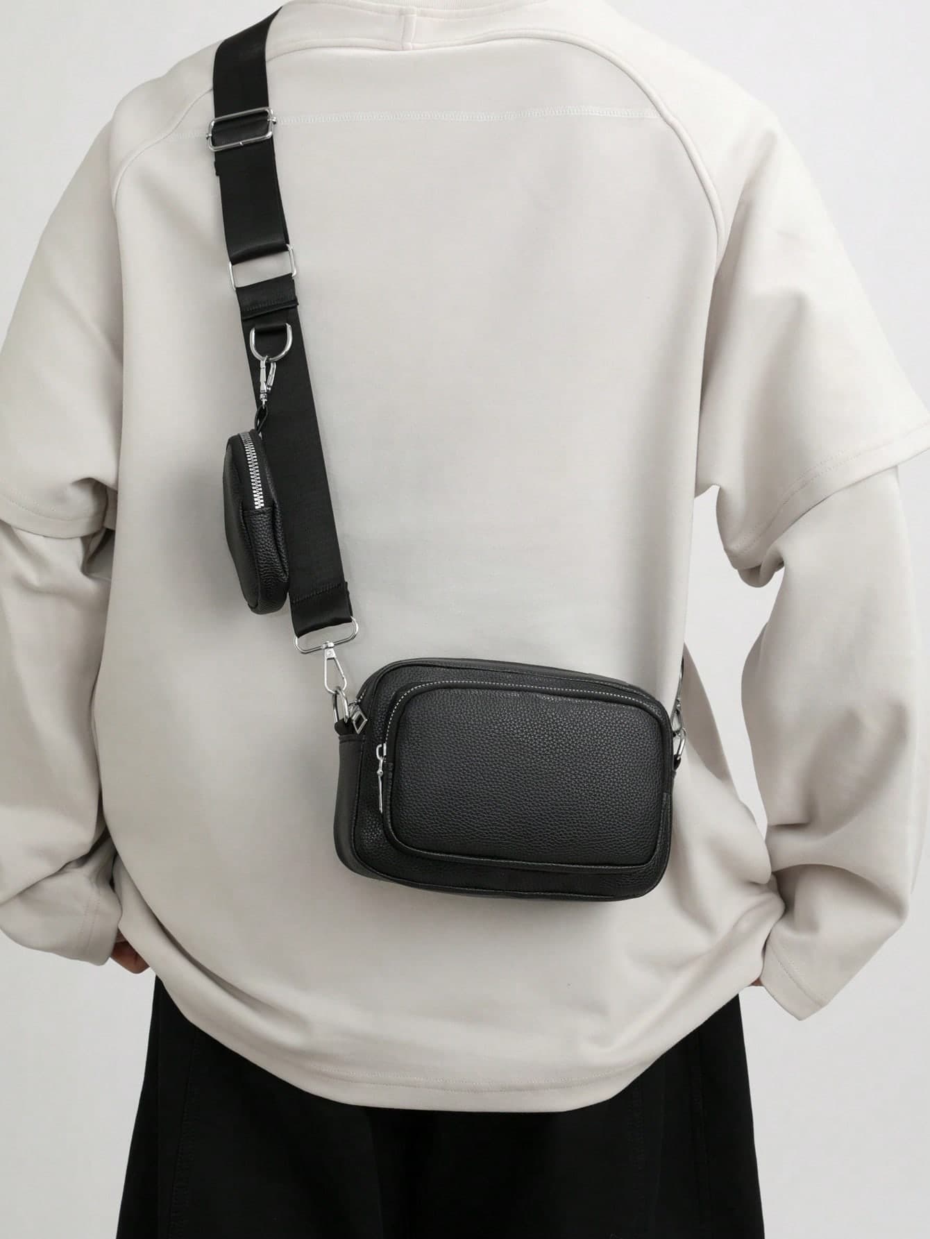 2pcs/Set Embroidered Men's Crossbody Bag Mini Key Pouch PU Leather