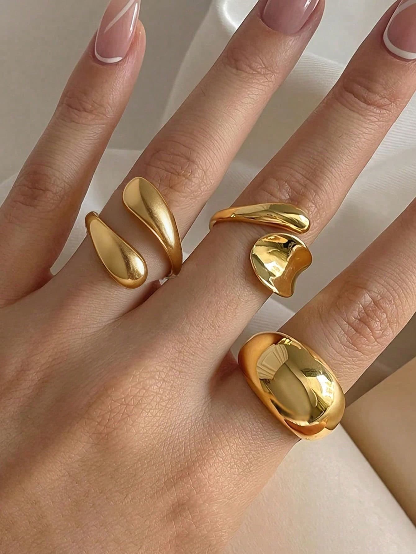3pcs Unique Geometric Waterdrop Smooth Open Ring Set, Suitable For Daily Wear For Women