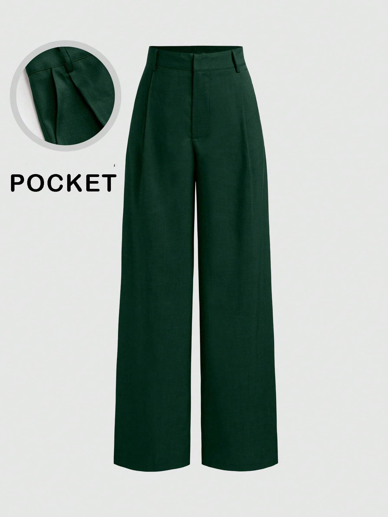 Vela Rue Minimalist Design Pants, Hook & Zipper Closure, Thin Solid Green Straight Leg Trousers, Flattering Wide Leg, Fashionable All Season Spring
