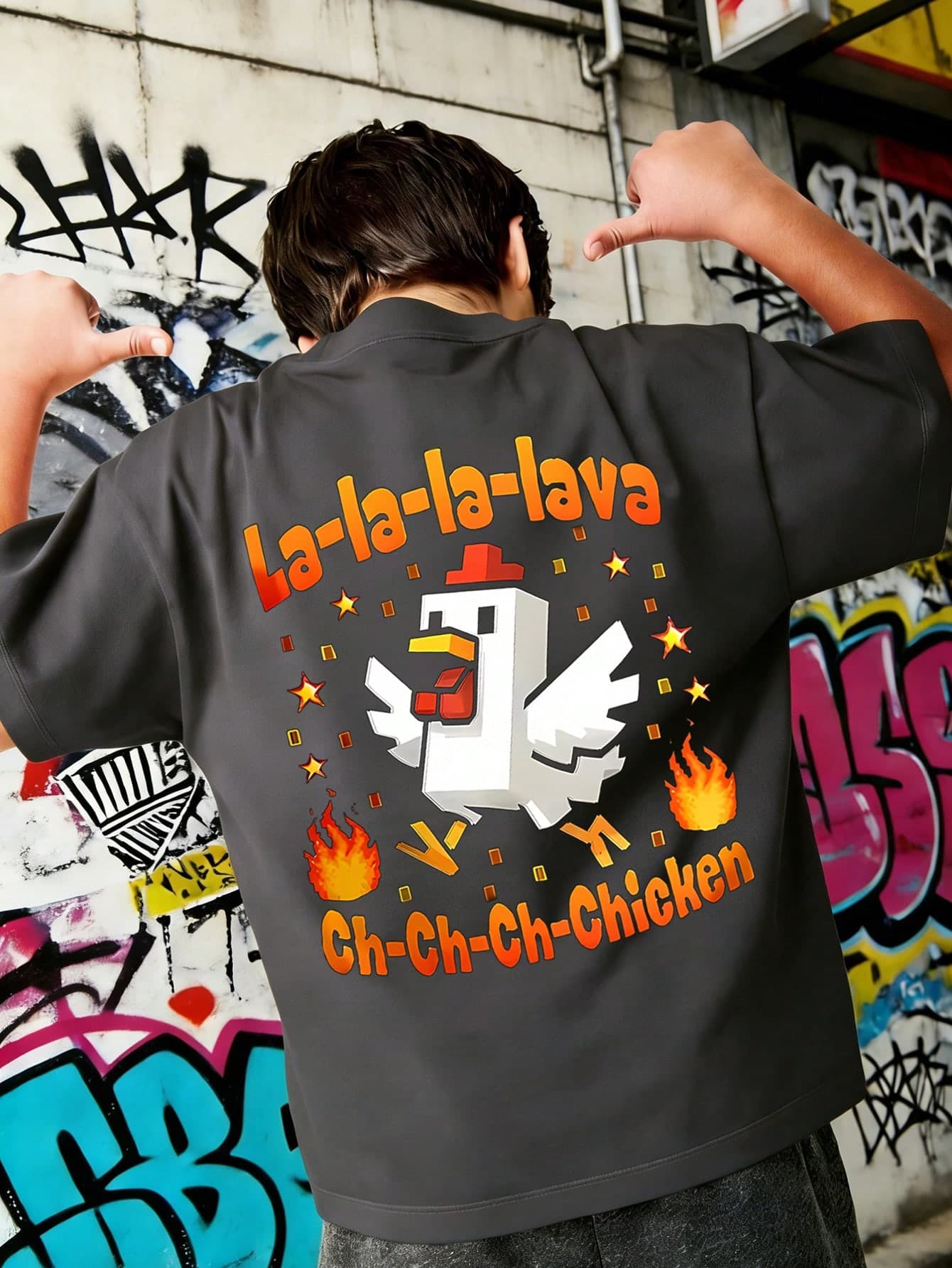 Tween Boy 3D Cartoon Flame Pixel Square Chick Pattern T-Shirt, Printed With "La-La-Lava" Cartoon Chicken Graphic T-Shirt, Fashion Boys Summer Top