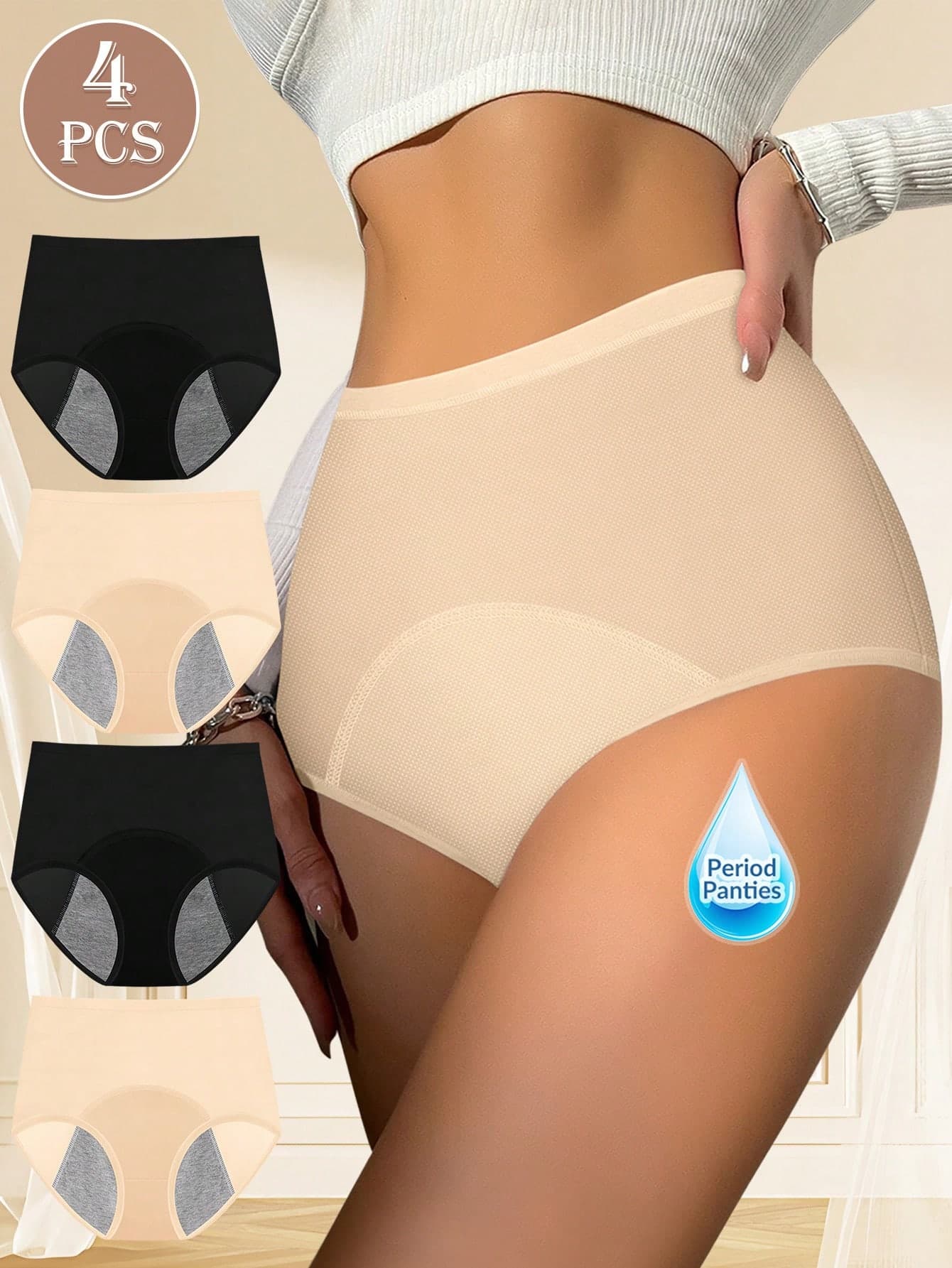 MEIYATING 4pcs/Pack Women's Breathable Mesh Seamless Panties, High Waist Leak-Proof Menstrual Period Underwear