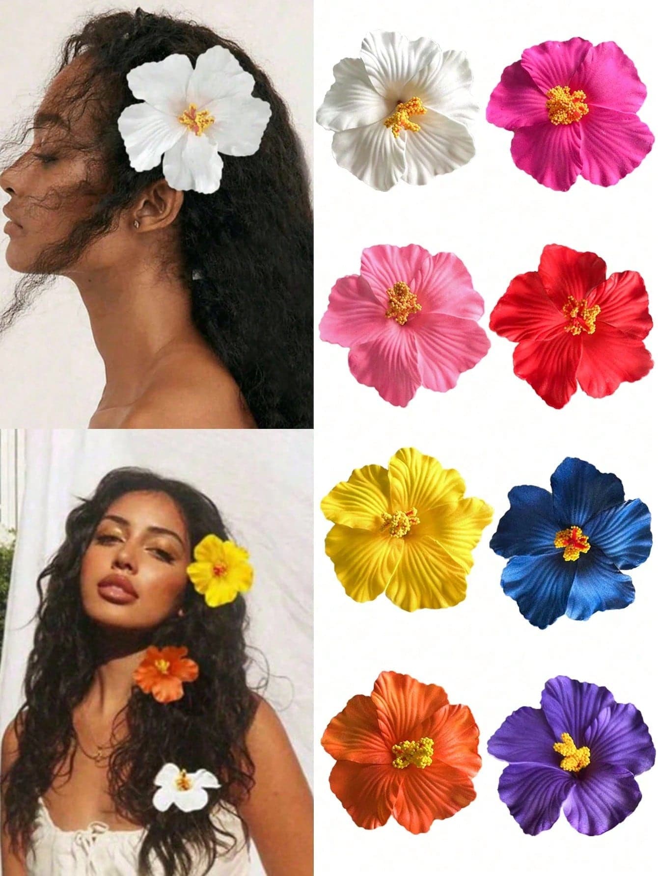 8/5pcs Hawaiian Hibiscus Flower Hair Clips, Suitable For Women And Girls, Large Multicolor Tropical Artificial Flower Hair Clips, Boho Style Hair Accessories, Suitable For Summer Beach Vacation, Hawaiian Party, Wedding Favors And Valentine's Day, Head Accessories, Hairpin,Holiday,Travel