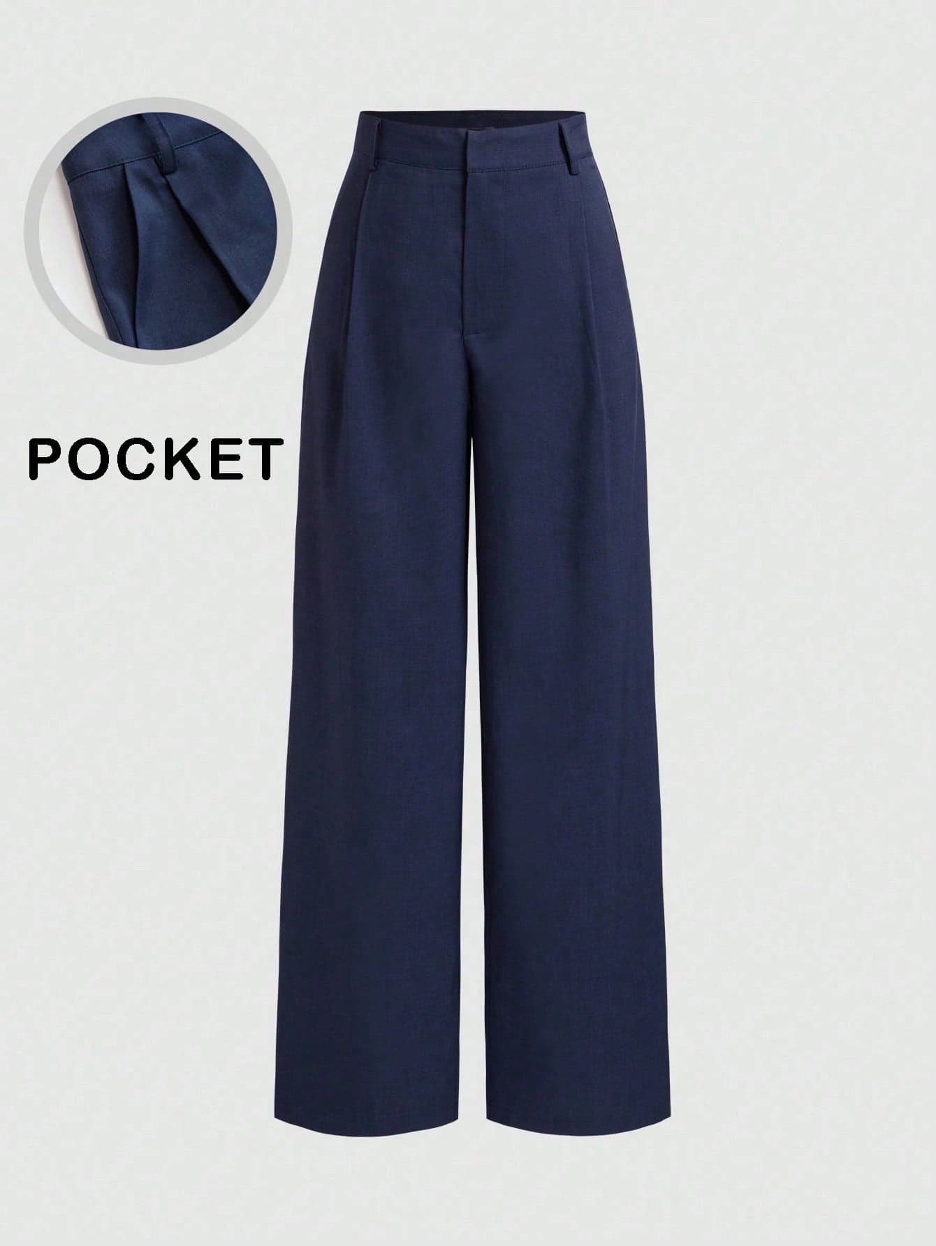 Vela Rue Minimalist Design Pants, Thin Solid Navy Blue Suit Pants With Zipper & Hook Closure, Flared Leg Slimming Trousers, Fashionable All Season Spring