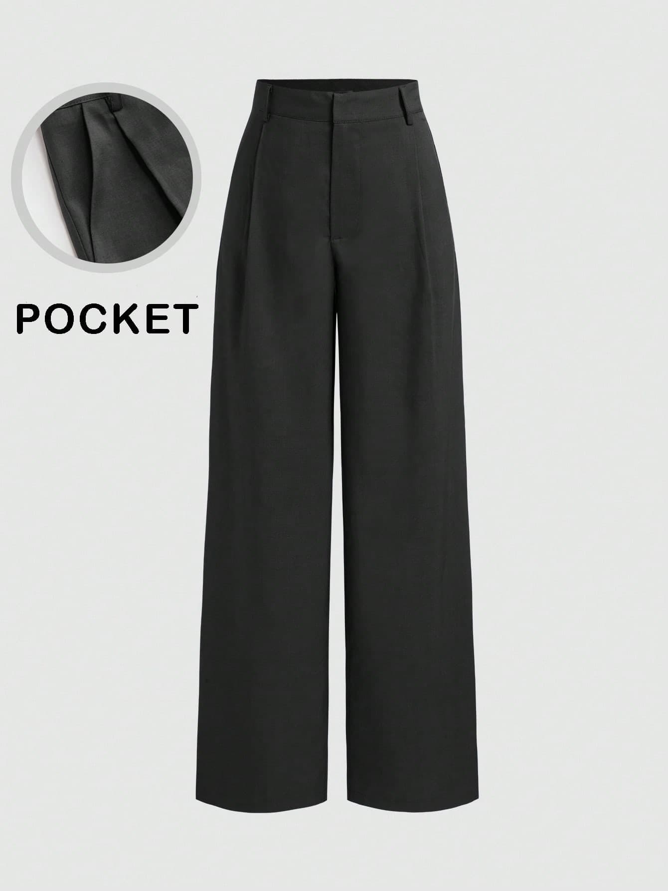 Vela Rue Minimalist Design Jumpsuit Pants, Hook & Zipper Closure, Thin Polyester Twill Straight Leg Trousers, Solid Black Color, Wide Leg Flattering Silhouette, Fashionable All Season