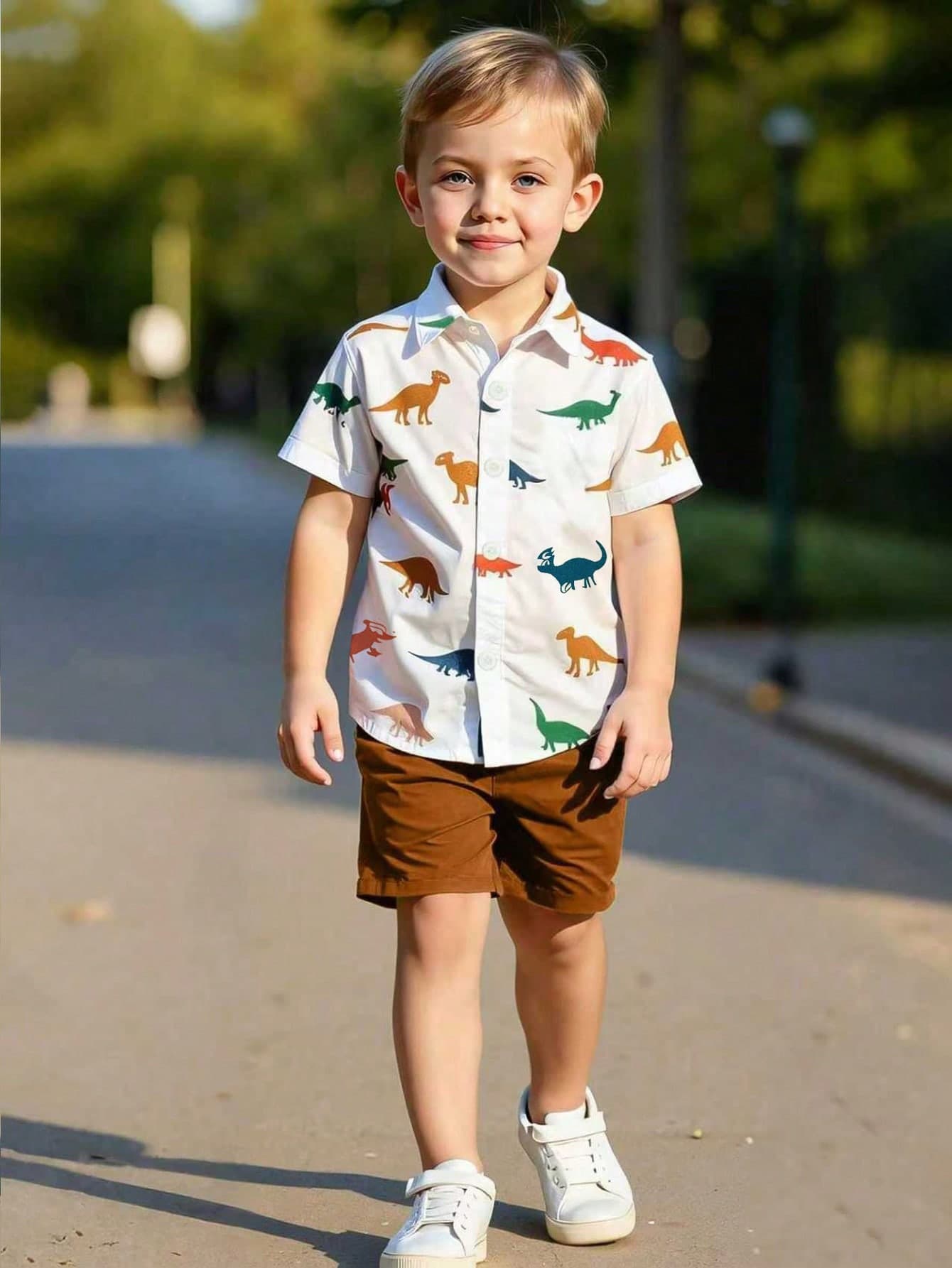 2pcs Young Boy Dinosaur Print Short Sleeve Shirt And Shorts Set, Comfortable Casual Summer Outfit