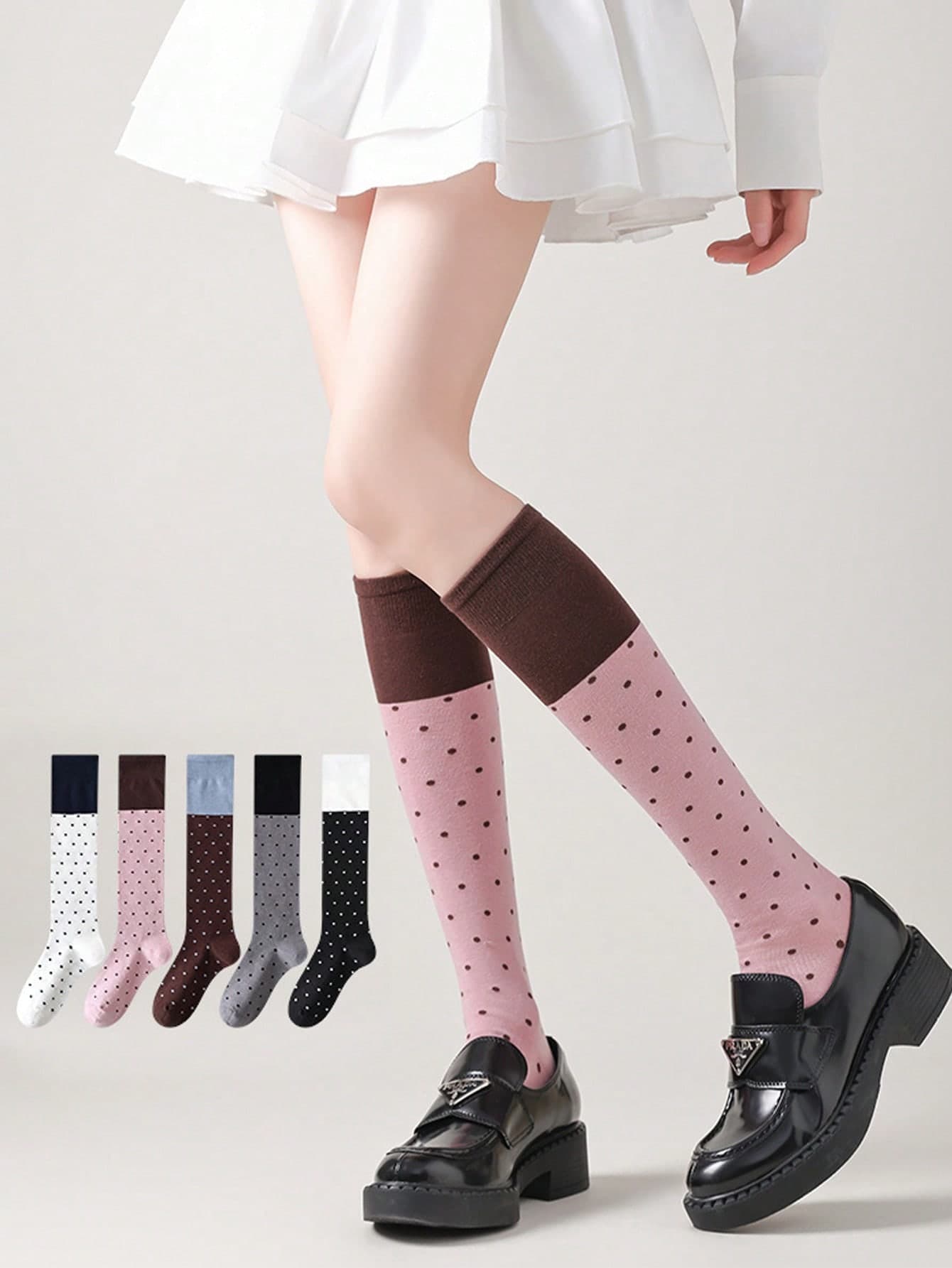 1 Pair Polka Dot Contrast Color Women Knee High Socks, Sweet & Versatile, Fuzzy Socks