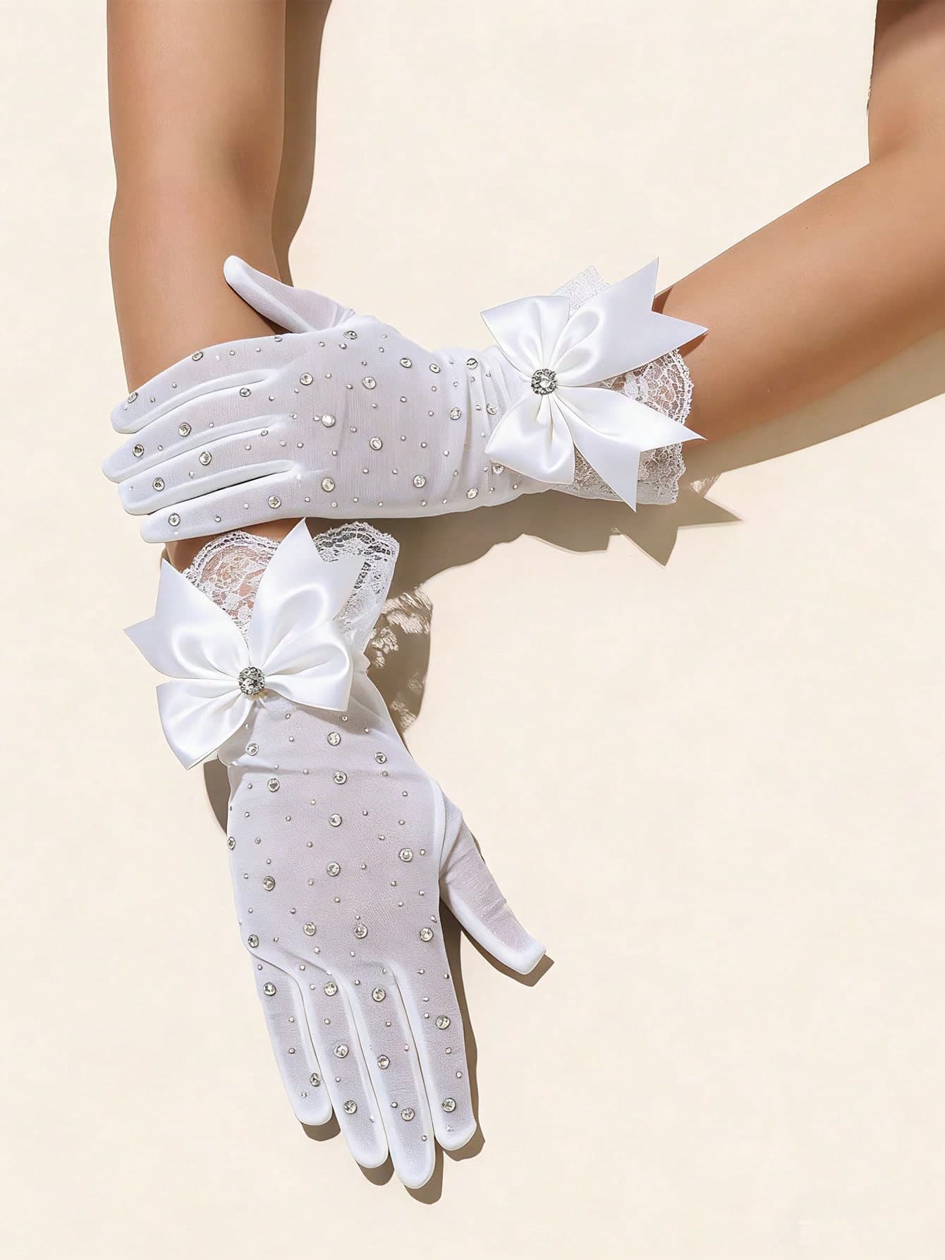 1 Pair Women's Elegant Short Gloves With Rhinestones, Mesh, Lace Trim And Bow Accent