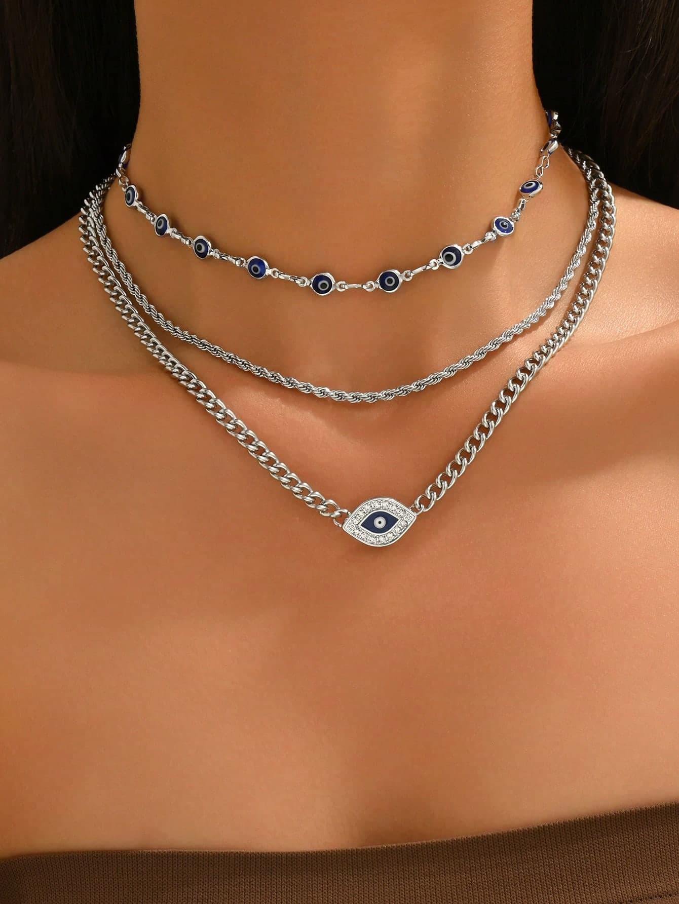 3pcs/Set Fashion Devil's Eye Necklace Set, Stylish Chain Choker Necklace, Suitable For Women's Daily And Outing Wear, Handmade Chain Length Customizable
