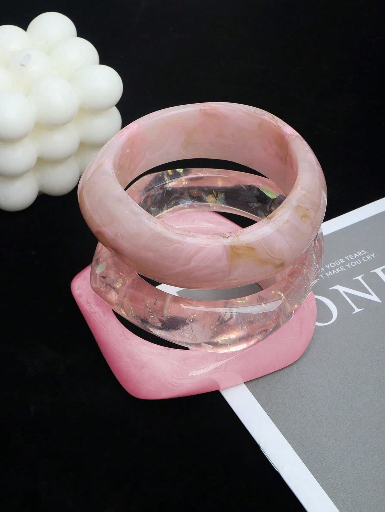3pcs Pink Acrylic Bracelet Set, Suitable For Daily Wear And Vacation