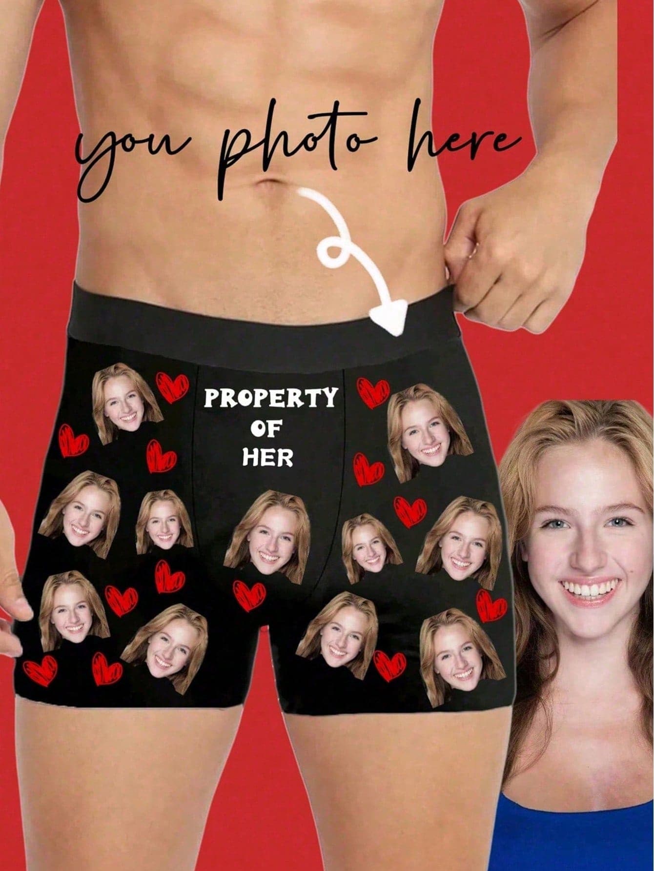 1pc Men's Customized Photo Print Black Elastic Fabric Comfortable Slim Fit Romantic Personalized Boxer Briefs, Suitable For Valentine's Day/Gift Occasions