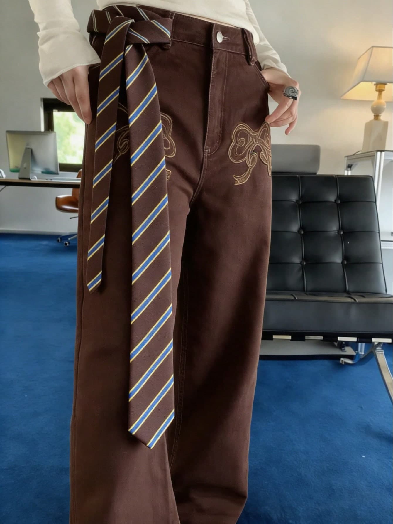 1pc Deep Brown, Blue & Yellow Striped Belt, Fashion Striped Scarf/Belt, JK Uniform Tie For Women, School Style Waist Belt, Sailor Suit Accessory, Long Slim Waist Belt, Suitable For Casual, Weekend, Date, Campus, Birthday Surprise, Christmas Gift, Family & Friends, Street Snap, Fashionable Multifunctional Accessory, Also Suitable For Christmas Decoration