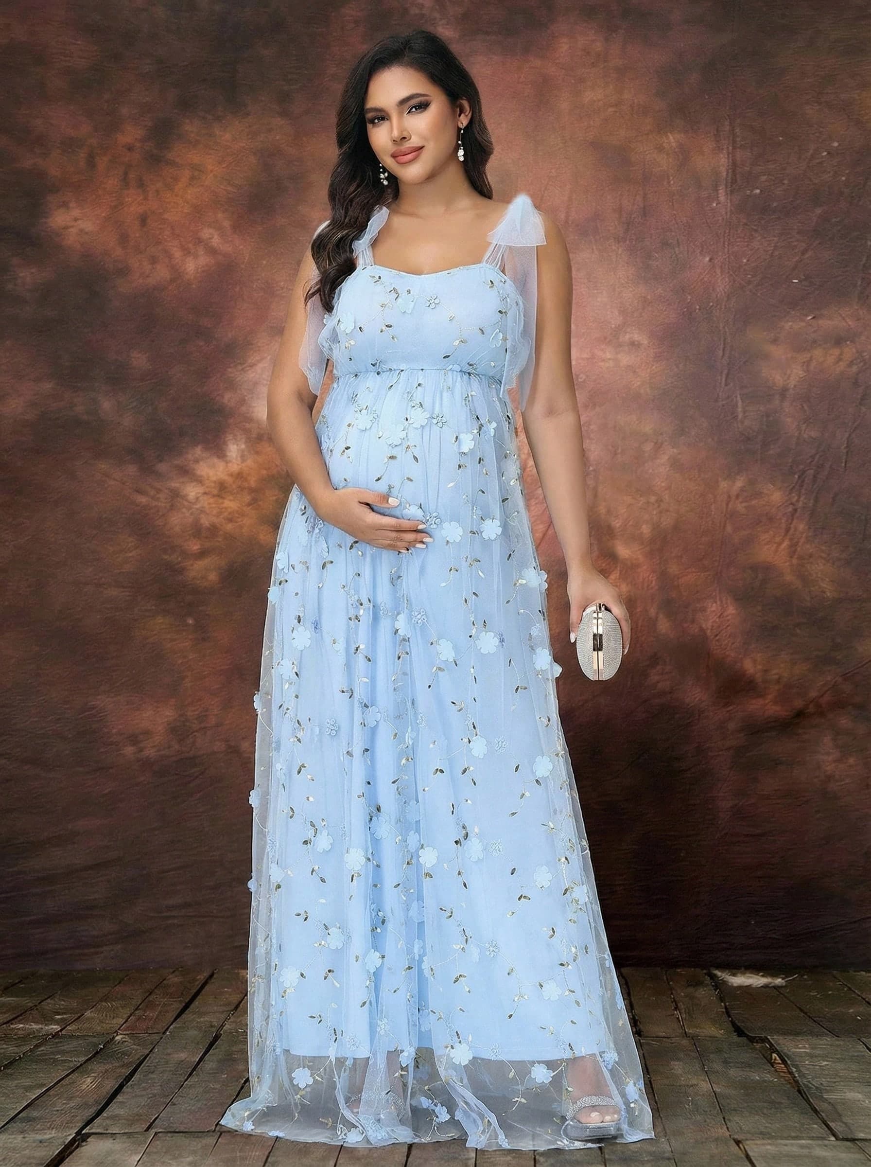 Irresista Maternity Floral Mesh Dress With Strap For Baby Shower Embroidery Flower Photoshoot Summer Maxi Gown