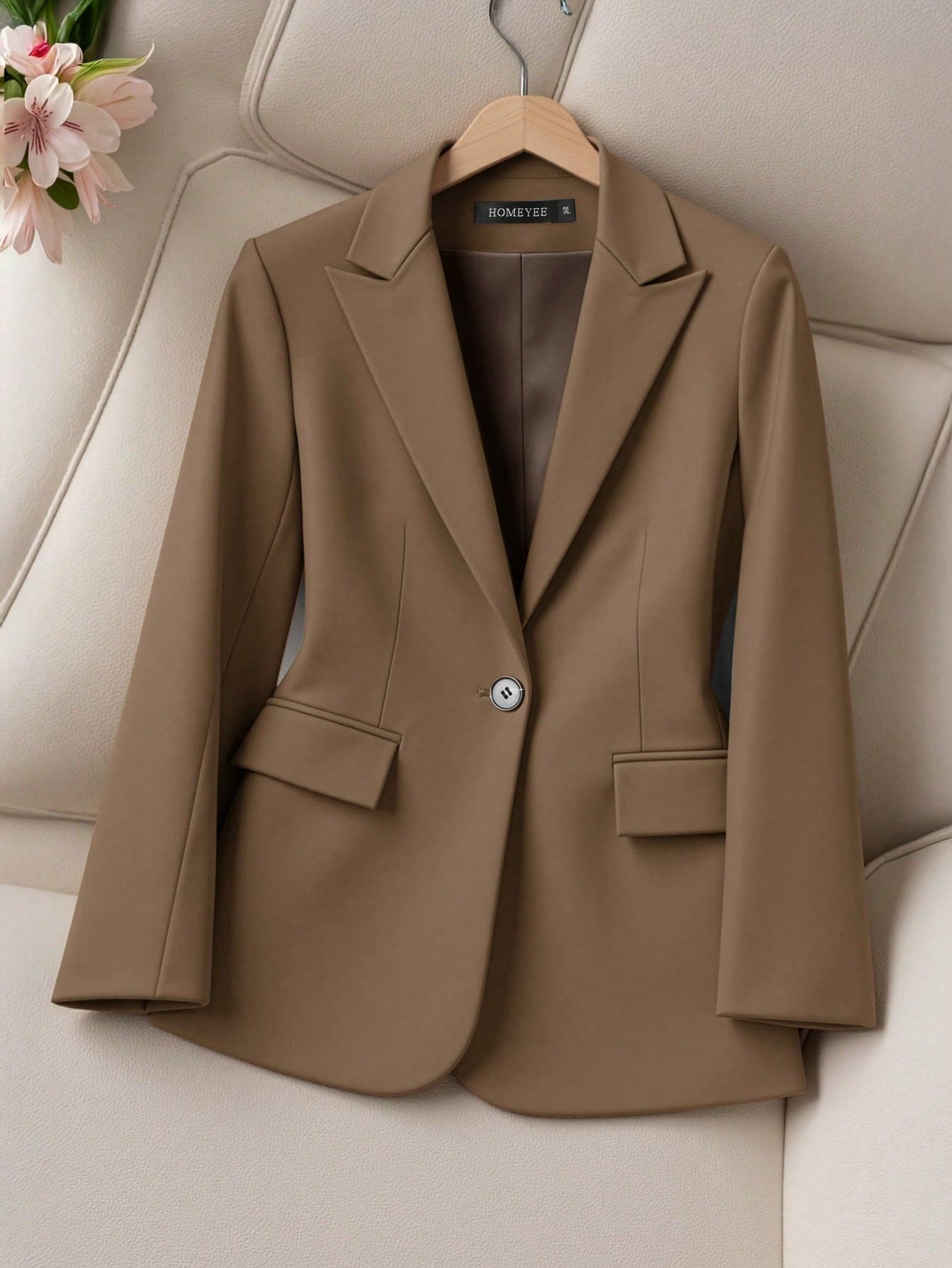 HOMEYEE Plus Size Vintage Casual Elegant Professional Business Office Commute Long Sleeve Blazer Jacket Spring Brown
