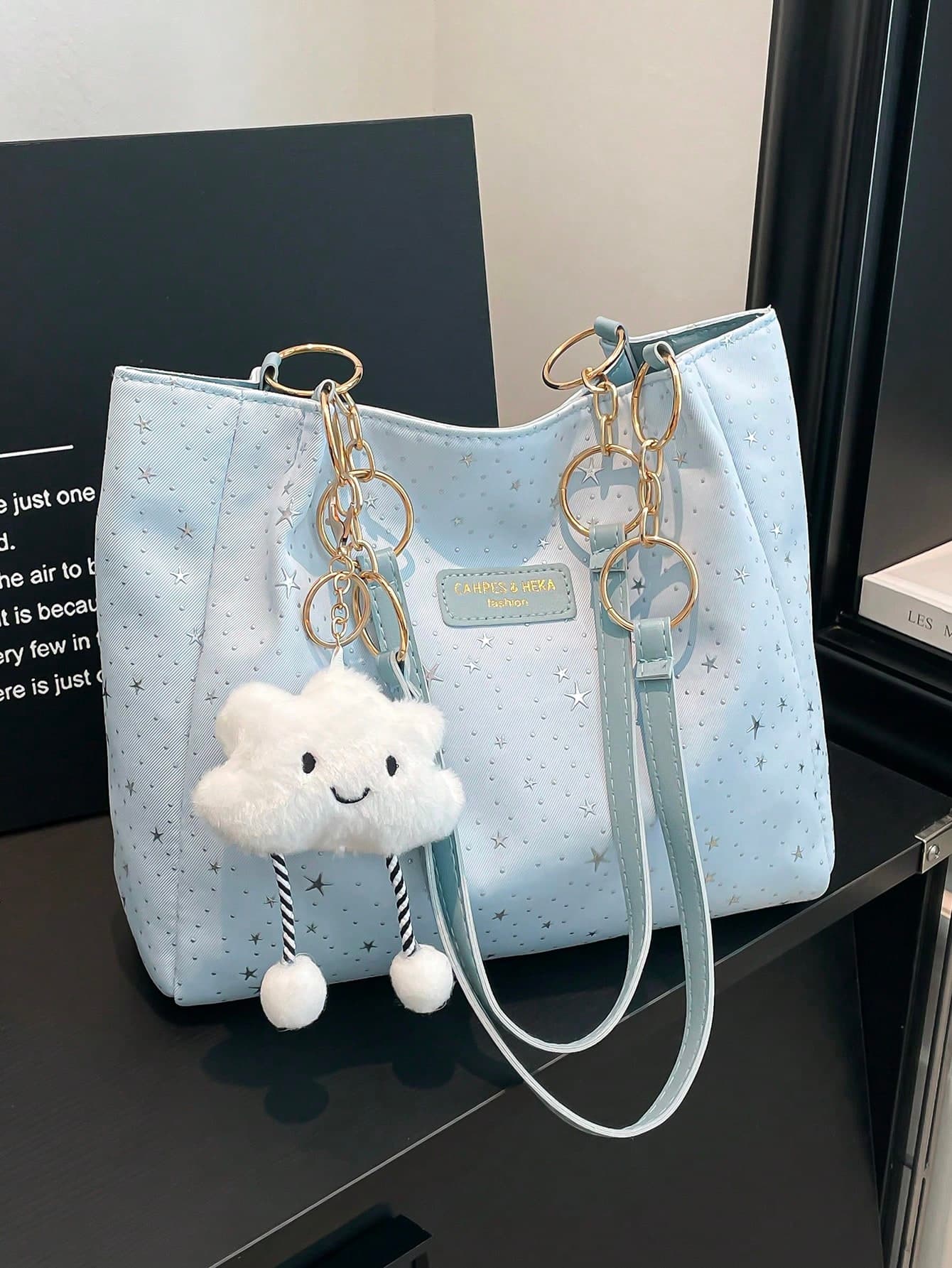 1pc Cloud Decor Star Pattern Polyester Large Capacity Zipper Shoulder Bag, Fashionable For Women Daily Use