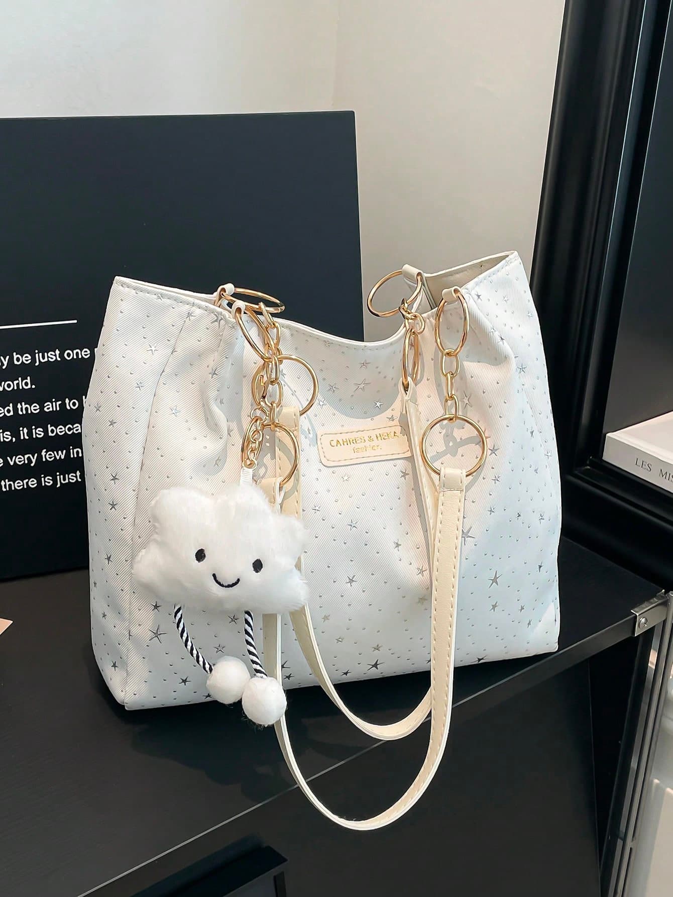 1pc Cloud Decor Star Pattern Polyester Large Capacity Zipper Shoulder Bag, Fashionable For Women Daily Use ,Beach Bag