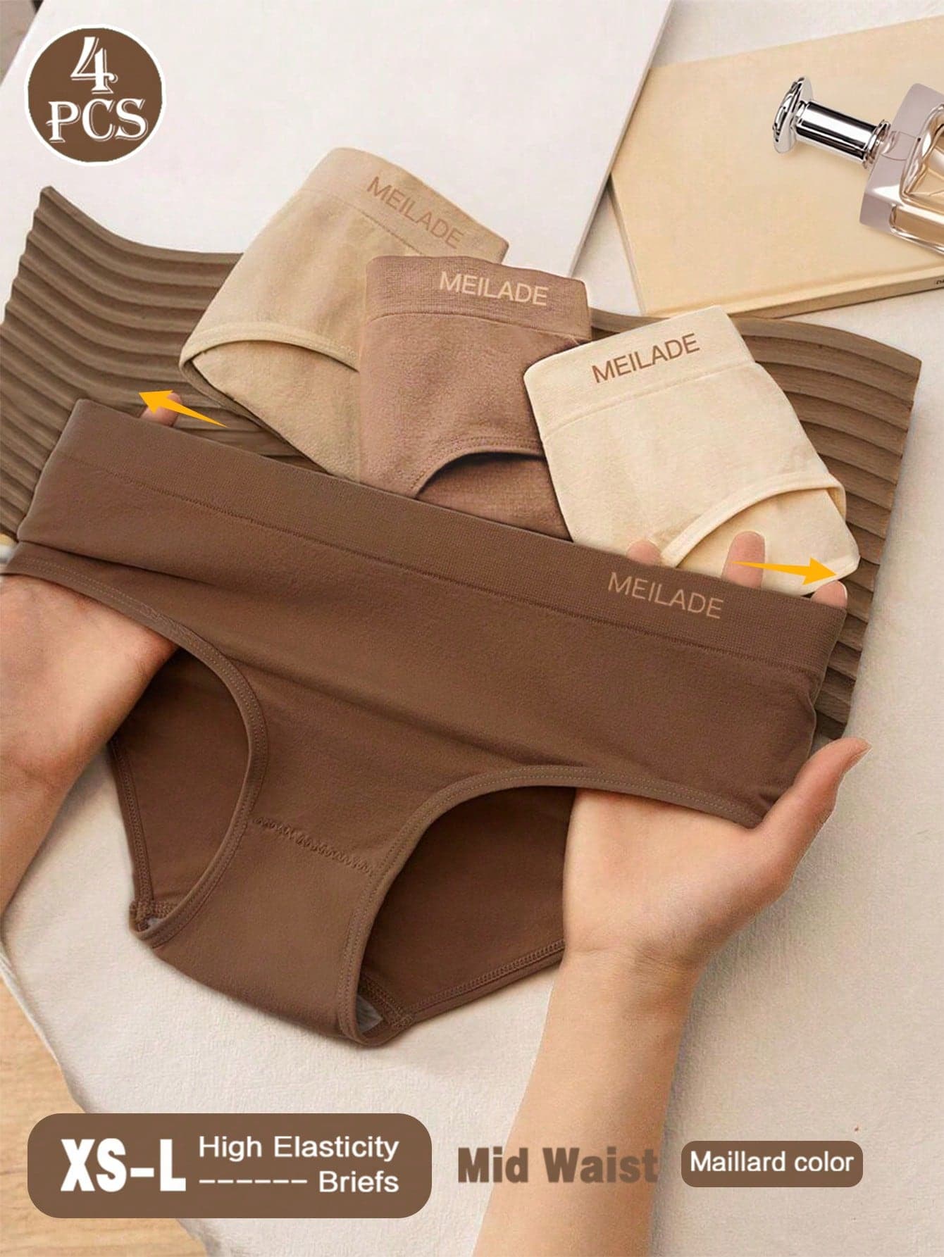 4pcs/Pack Seamless Mid-Waist Panties, Maillard Color Comfortable High Elasticity Triangle Briefs