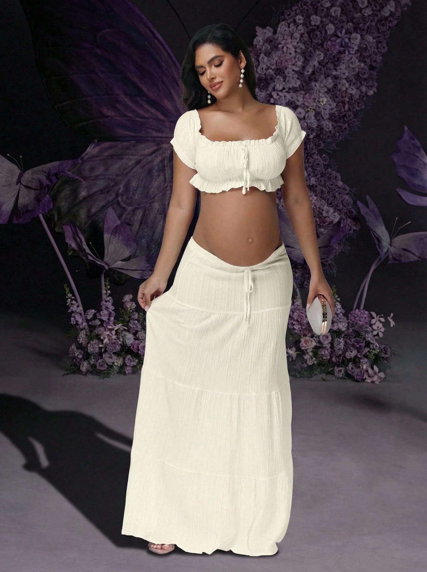 Irresista Maternity Off Shoulder Ruffle Crop Top & Flowy Long Skirt Set 2pcs For Photoshoot, Beach