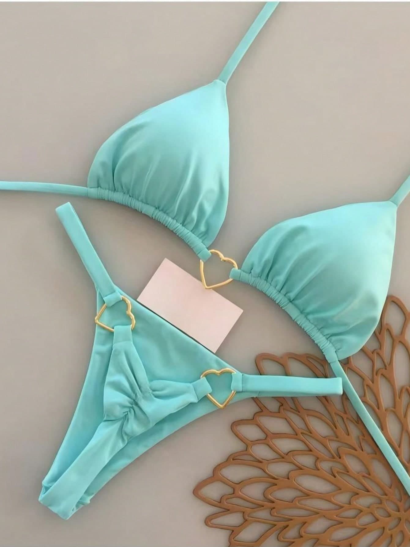 2026 Women's Summer Beach Solid Color Heart Metal Ring Linked Sexy Bikini Swimwear Set Vacation