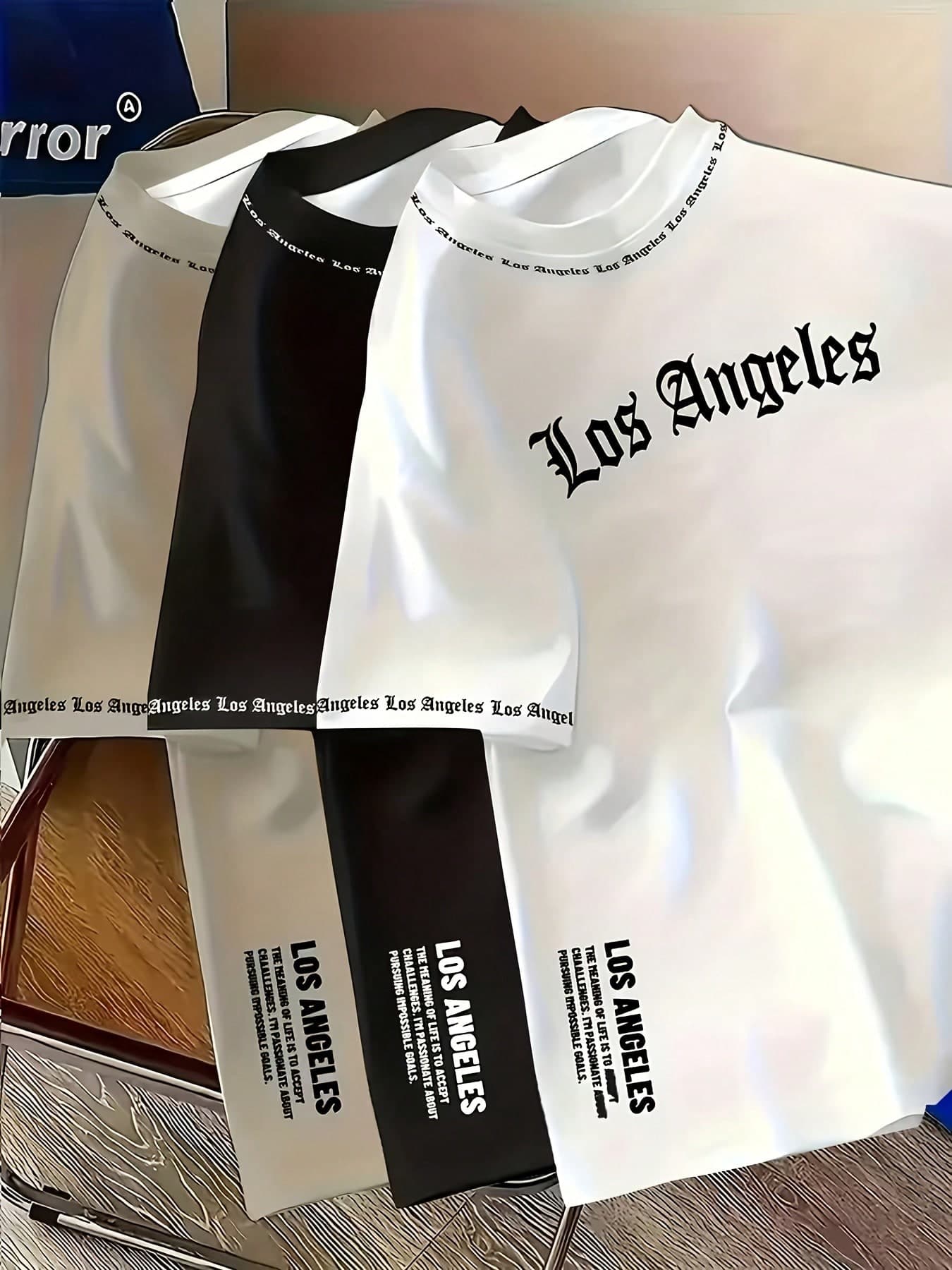 3pcs Men's Los Angeles Gothic Font 3D Full Print T-Shirt , White With Black Logo And City Name, Short Sleeve Casual Streetwear, Crew Neck, Machine Washable, Suitable For Sports Fans And Urban Fashion Themed