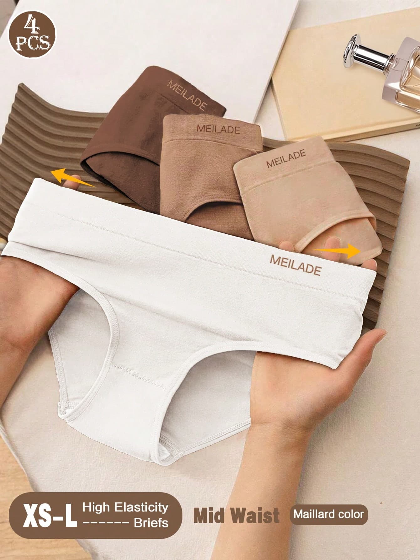 4pcs/Pack Seamless Mid-Waist Panties, Maillard Color Comfortable High Elasticity Triangle Briefs