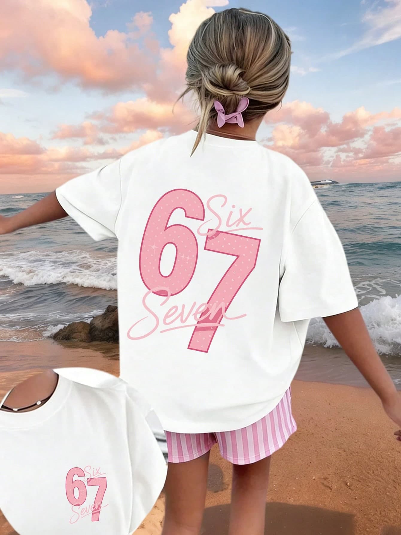 Tween Girl-Six Seven Cartoon Print T-Shirt, Suitable For Daily Wear, Girls Spring/Summer Fashion Casual Top
