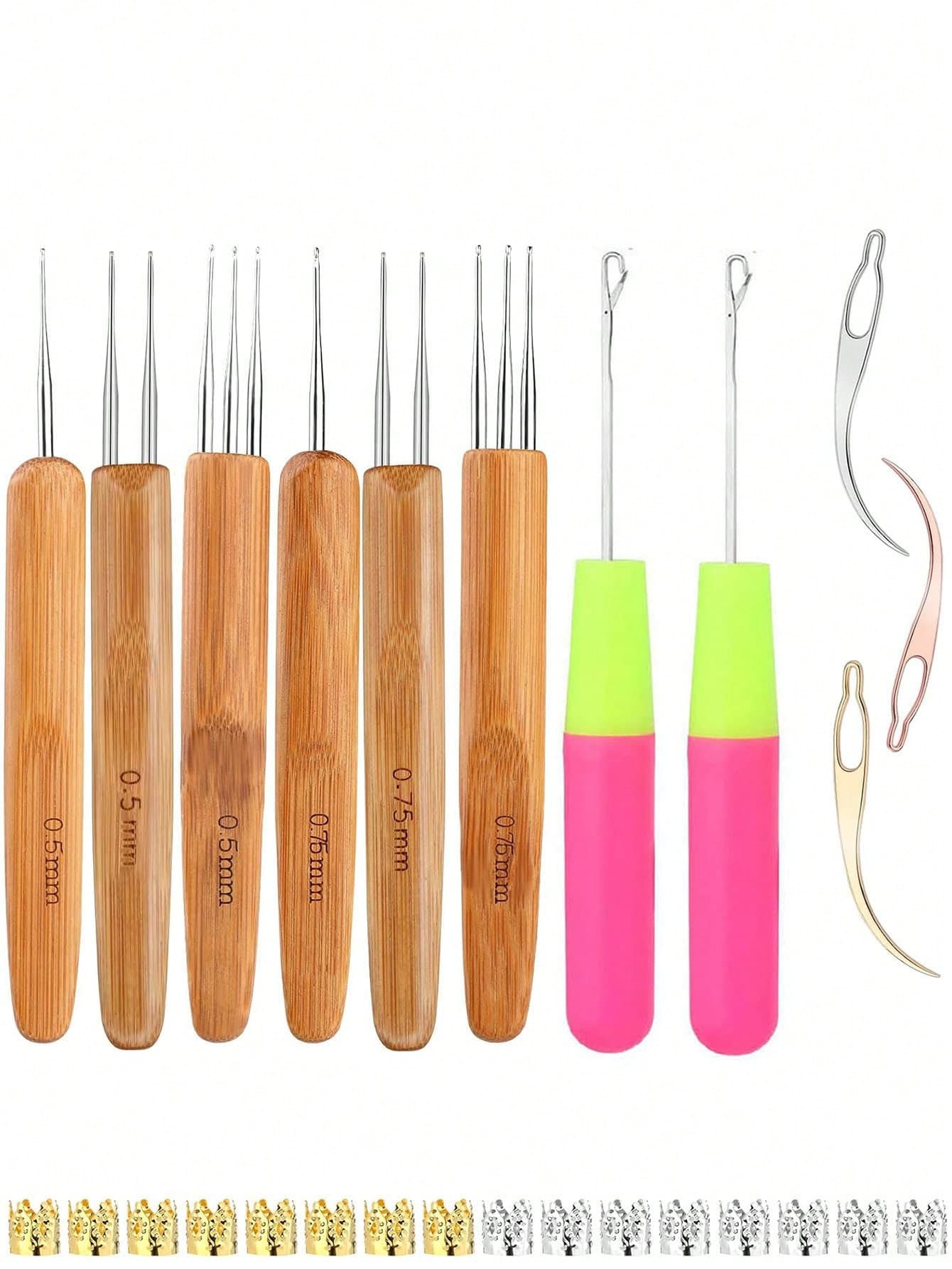 27pcs Dreadlock Crochet Hooks, Interlocking Tools For Braiding Hair, 0.5mm, 0.75mm Pink Handle Plastic Hooks, 5mm Metal Crown, Hair Accessories