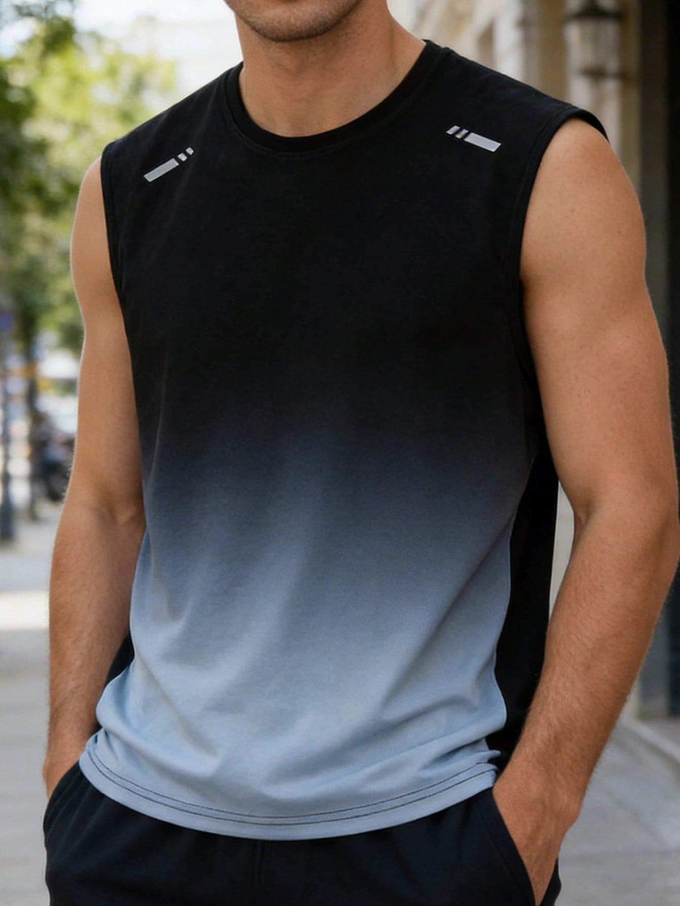 Men's Ombre Sleeveless Sports Fitness Tank Top, Running Training Shirt Black Summer