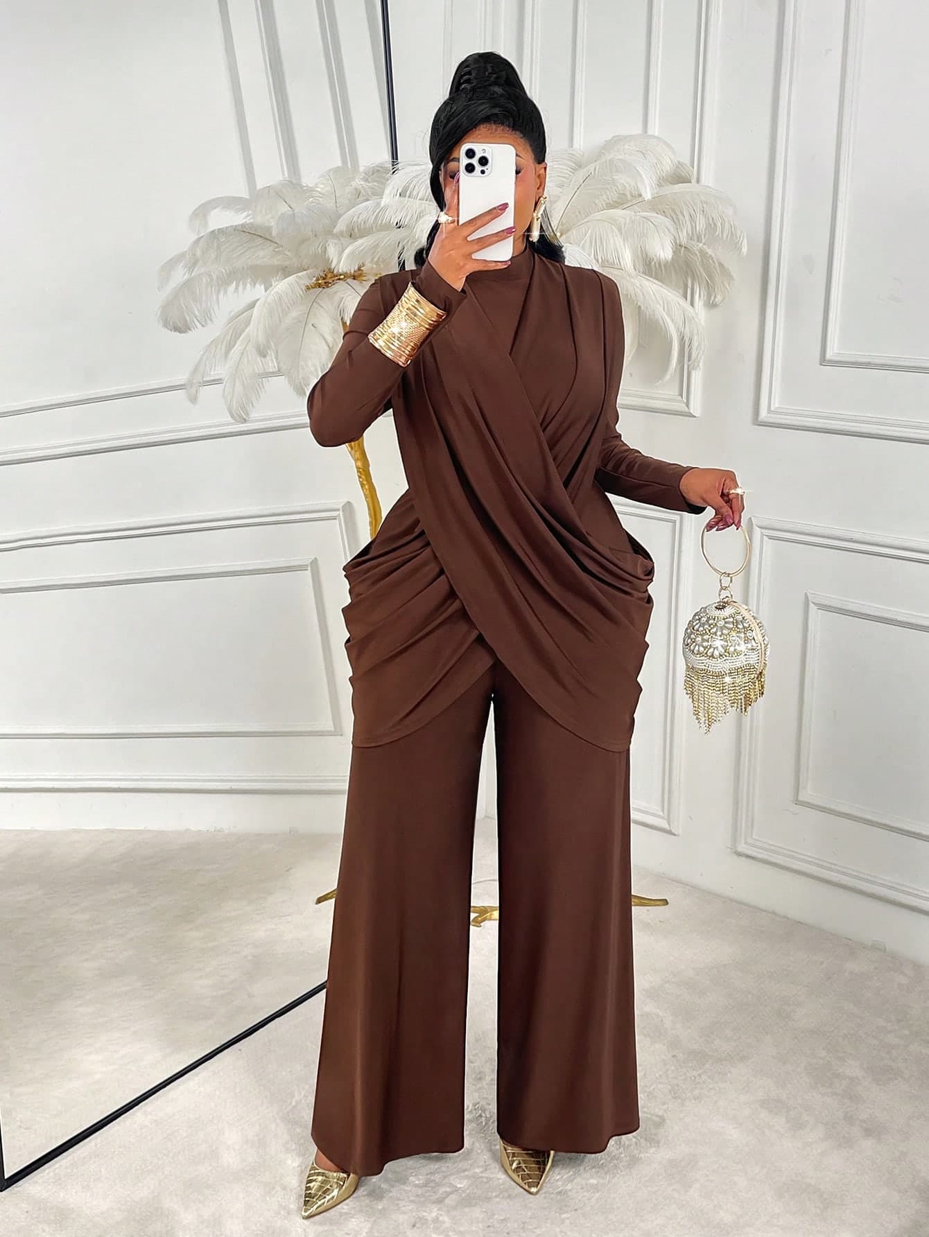 AIJ Amarilo Plus Size Sexy Round Neck Sheer Mesh Long Sleeve Wrap Jumpsuit - Suitable For Parties And Gatherings Spring