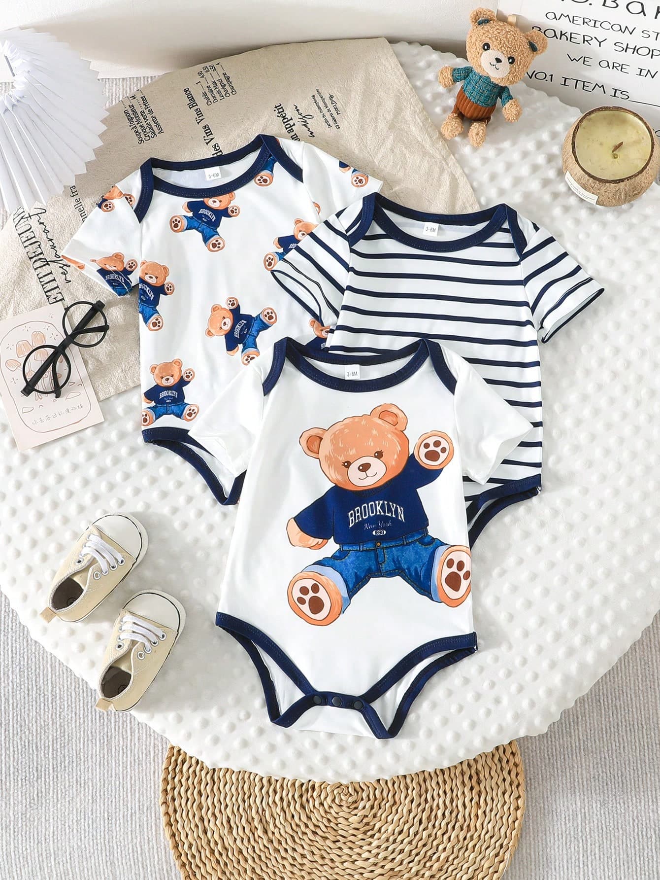3pcs/Set Cute Cartoon Bear Print Baby Romper, Comfortable Short Sleeve Bodysuit For Outdoor Summer Casual Wear