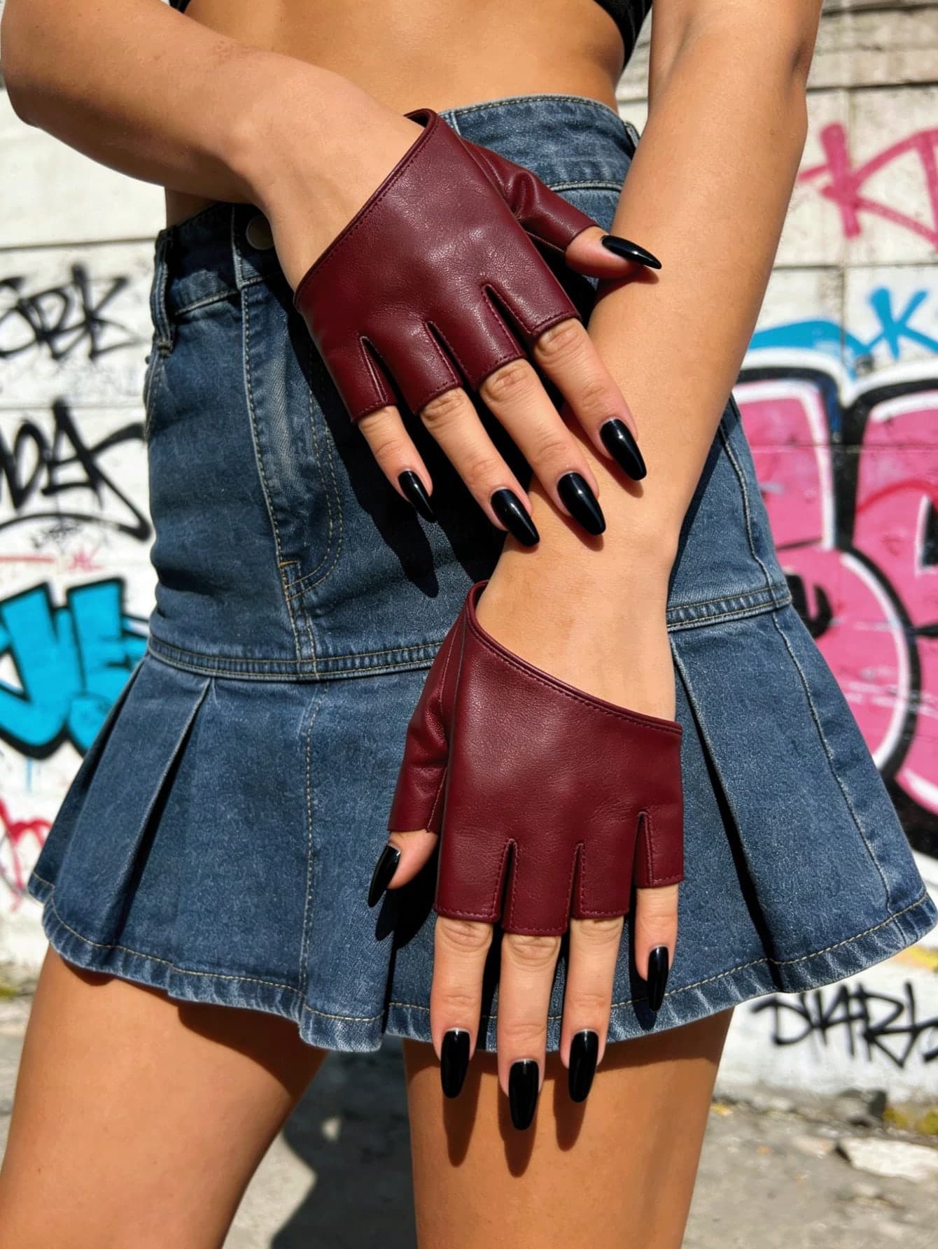 1 Pair Fashionable Wine Red Fingerless PU Leather Gloves Summer