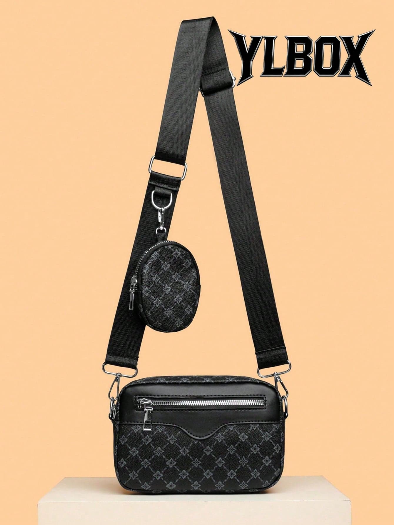 2pcs/Set Embroidered Men's Crossbody Bag Mini Key Pouch PU Leather