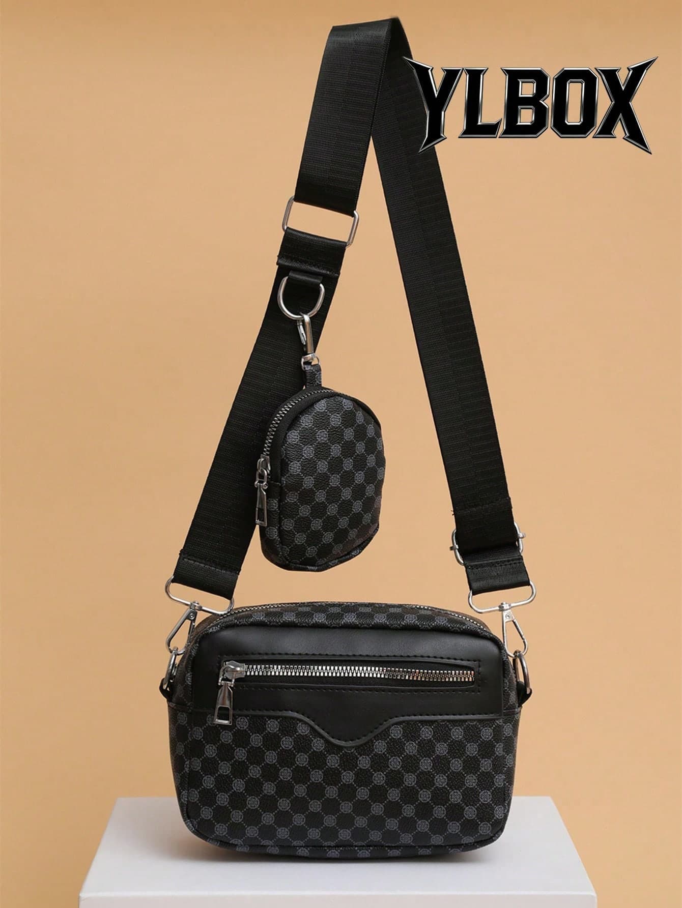 2pcs/Set Embroidered Men's Crossbody Bag Mini Key Pouch PU Leather