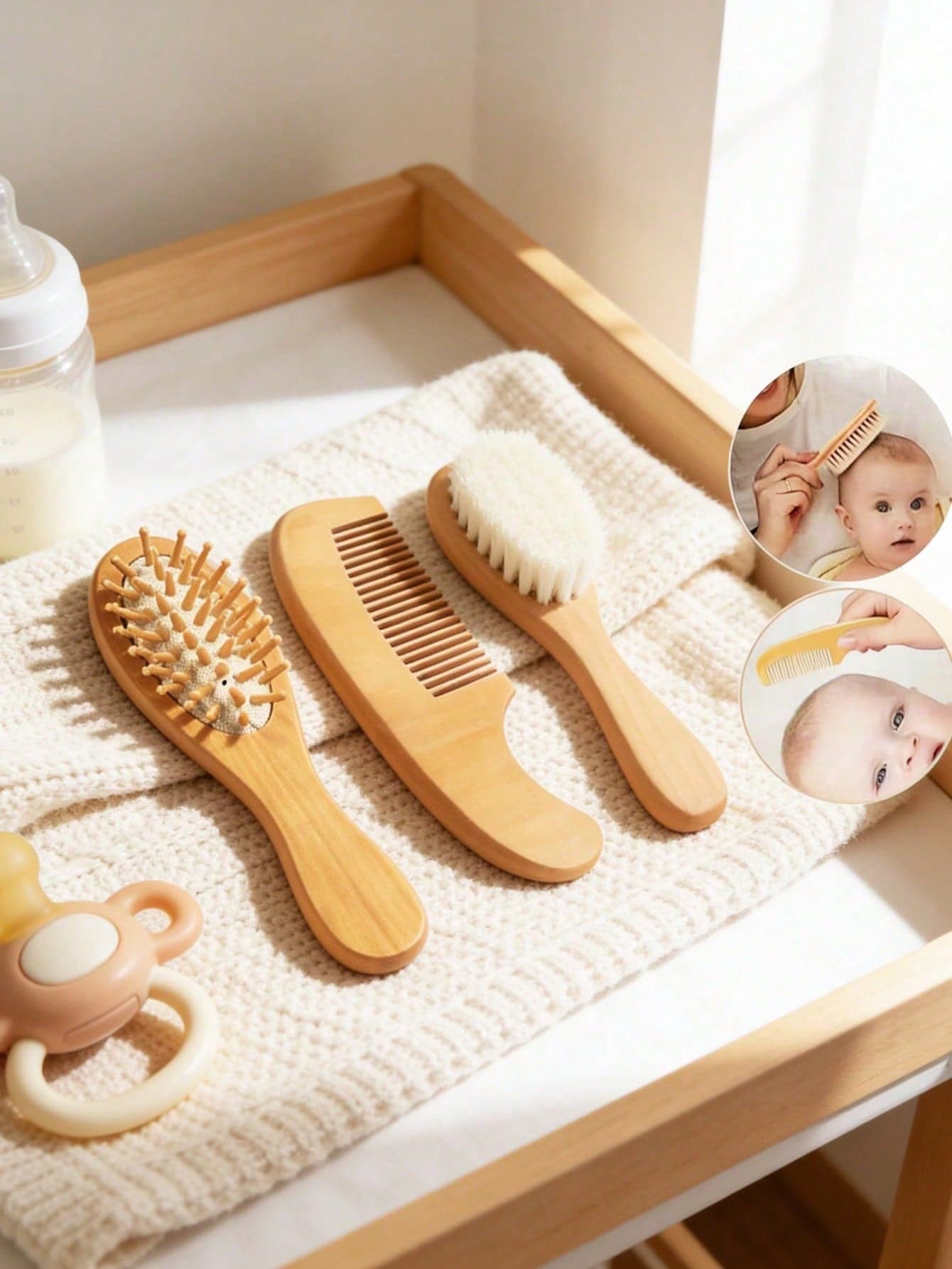 3pcs Baby & Toddler Hair Brush Set - Wooden Infant Comb, Massage Air Cushion Brush, Baby Brush & Comb Set - Soft Bristles, Suitable For Cradle Cap, Newborn Bathing And Registry Gifts, For Girls And Boys