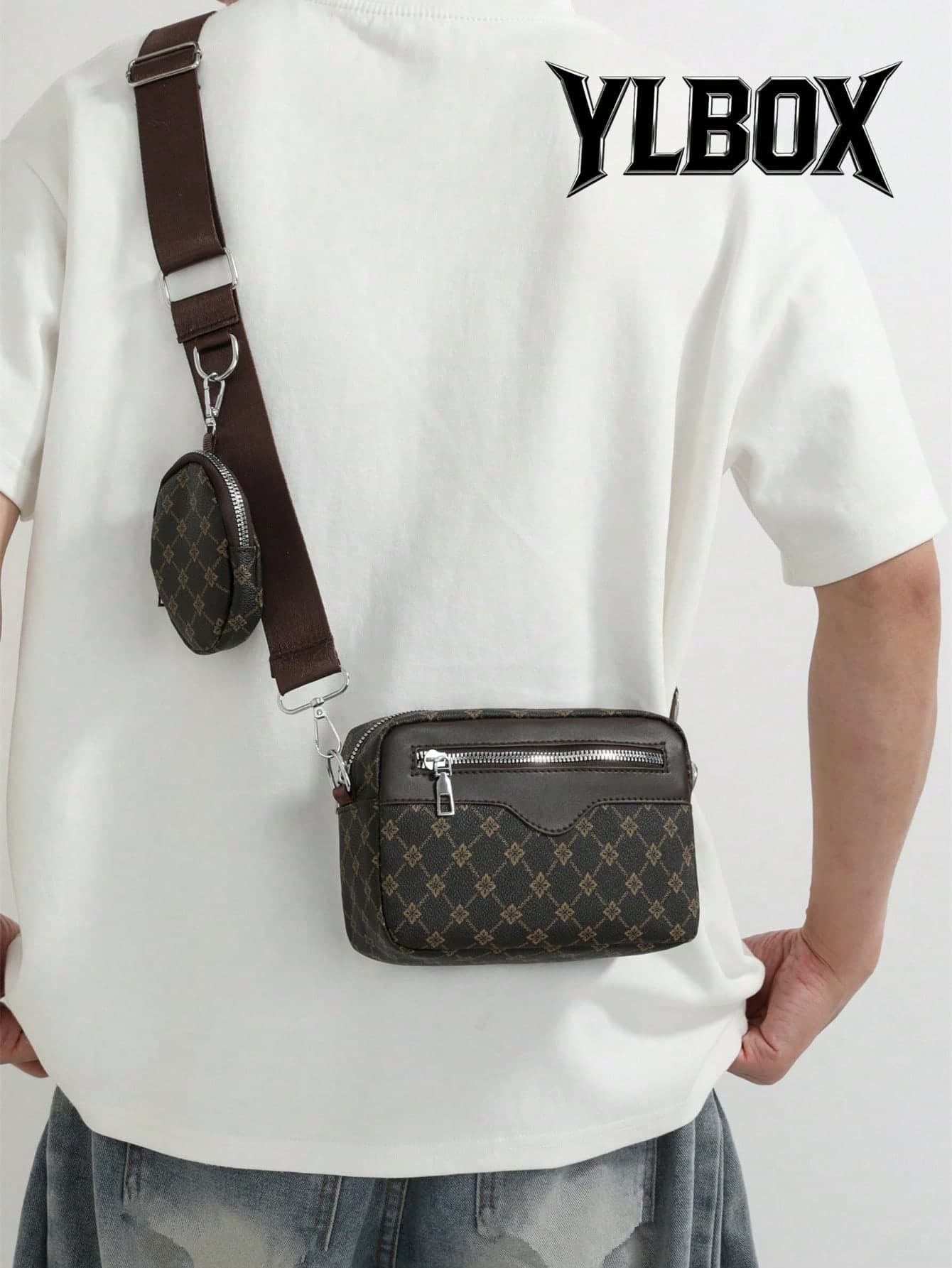 2pcs Set Embroidered Men's Crossbody Bag Mini Key Pouch PU Leather