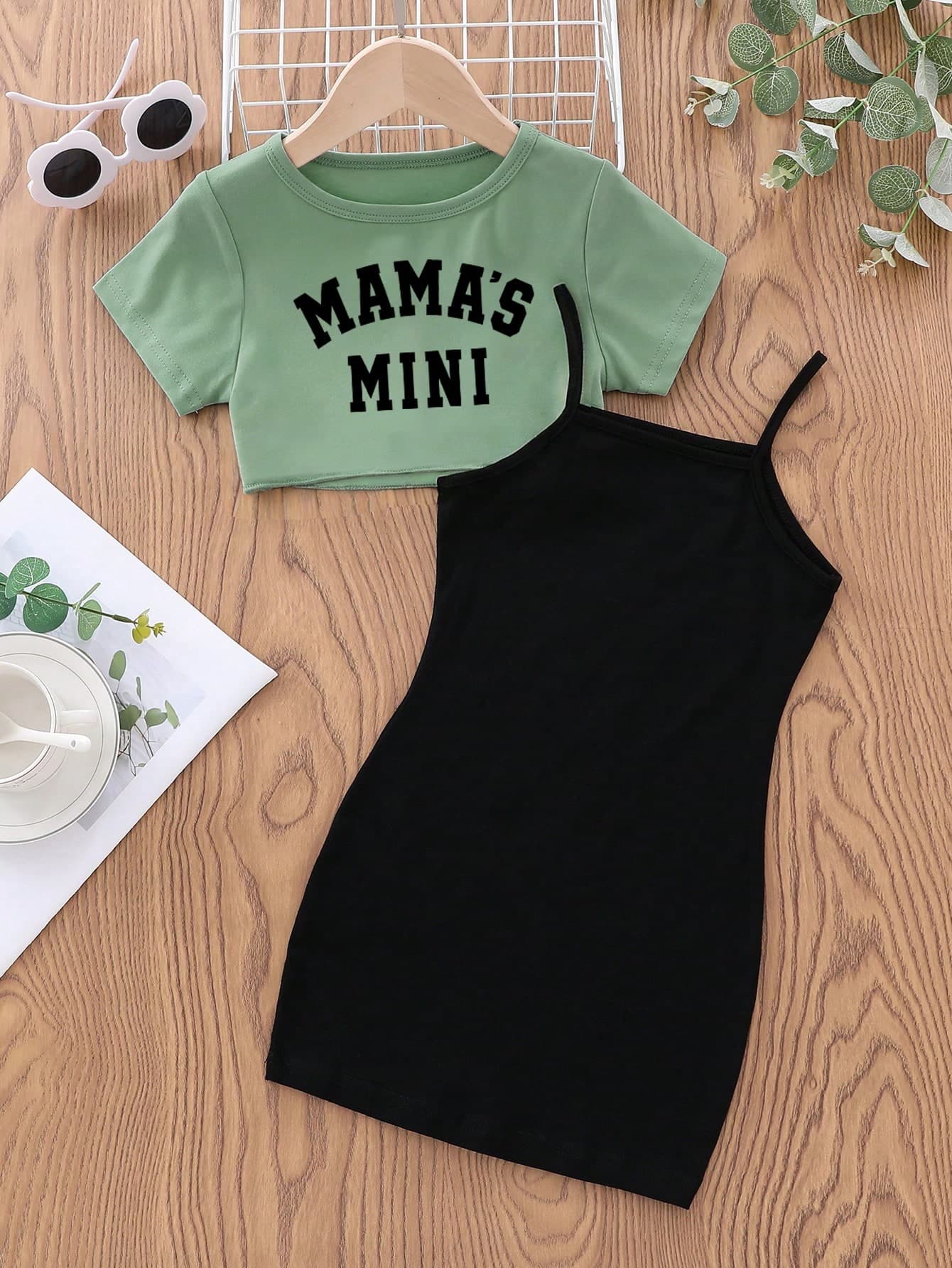 Toddler Letter Print Short Sleeve Top And Cami Dress Set