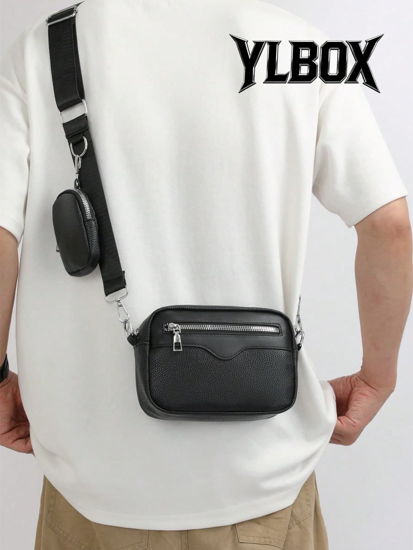 2pcs/Set Embroidered Men's Crossbody Bag Mini Key Pouch PU Leather