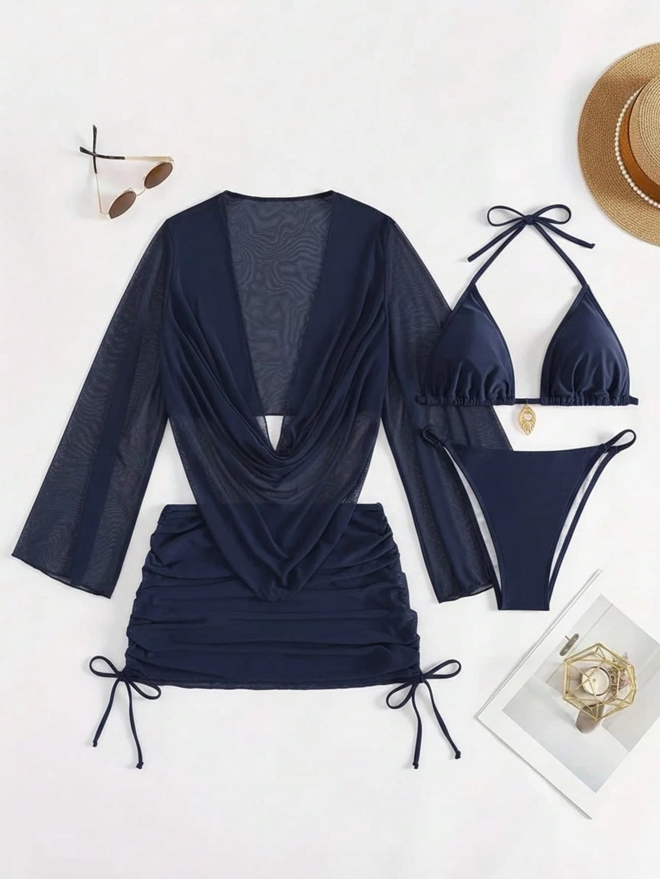 4pcs Sexy Solid Color Bikini Set With Sheer Cover-Up, Perfect For Vacation, Beach Party, Suitable For New Year And Valentine's Day, Elegant And Casual Women Clothing Summer